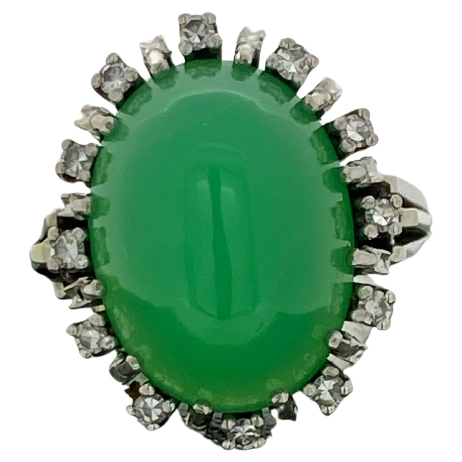 9.50ct Natural Chrysoprase & Diamond Vintage Handmade Ring in 14K White Gold