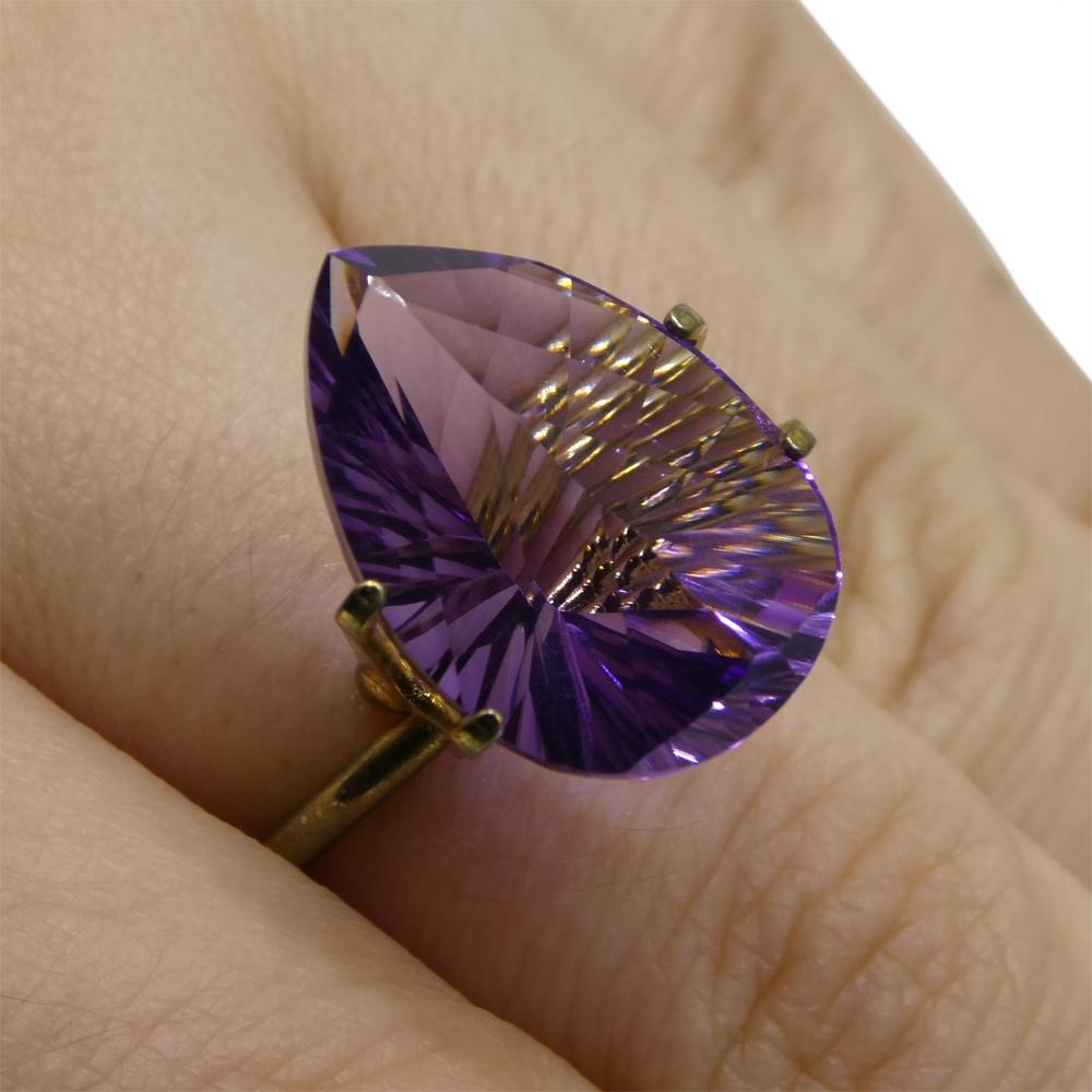 Description:

Gem Type: Amethyst
Number of Stones: 1
Weight: 9.5 cts
Measurements: 18.00 x 13.00 x 8.60 mm
Shape: Pear
Cutting Style Crown: Modified Brilliant
Cutting Style Pavilion: Mixed Cut
Transparency: Transparent
Clarity: Very Slightly