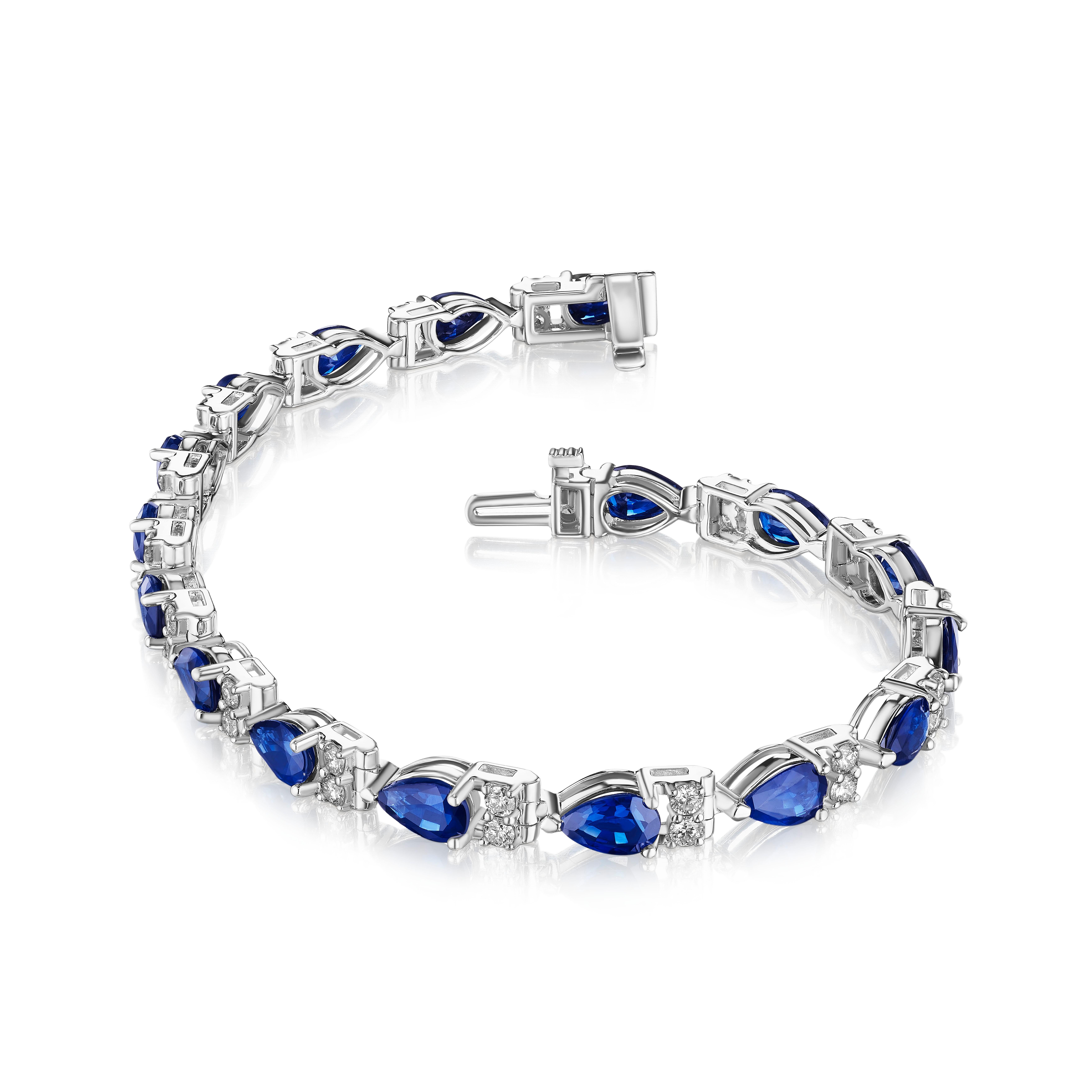 Contemporary 9.50ct Pear Shape Sapphire & Round Diamond Bracelet in 14KT Gold For Sale