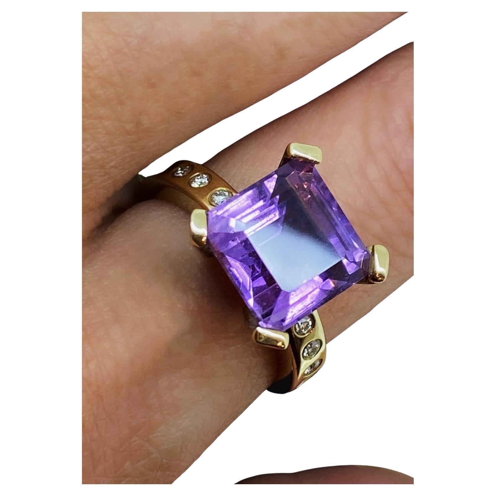 9.50ct Princess Cut Amethyst & Diamond Retro Cocktail Ring in 9K Yellow Gold For Sale