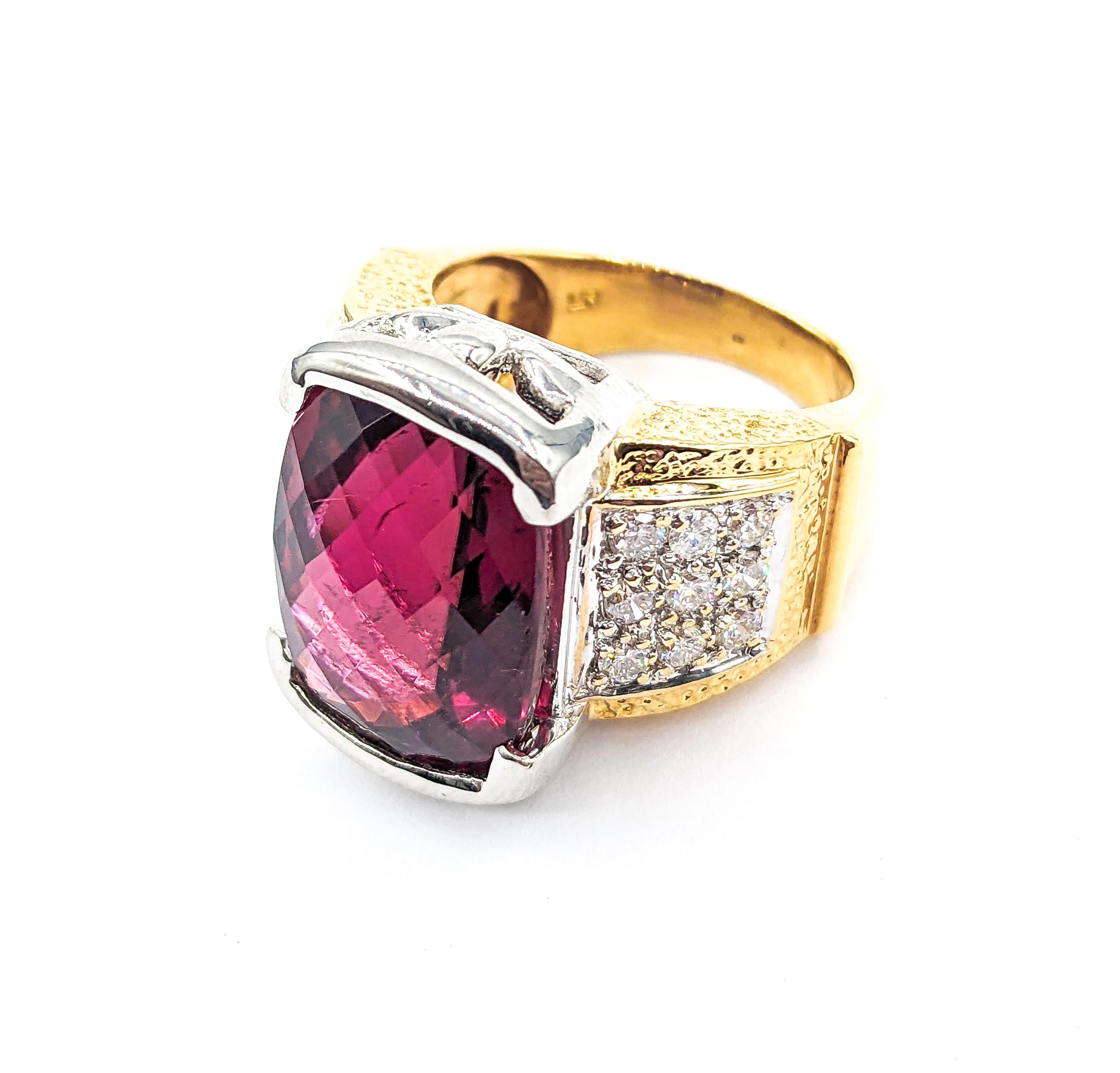Rough Cut 9.50ct Rubellite Tourmaline & .36ctw Diamond Ring In Two-Tone Gold For Sale