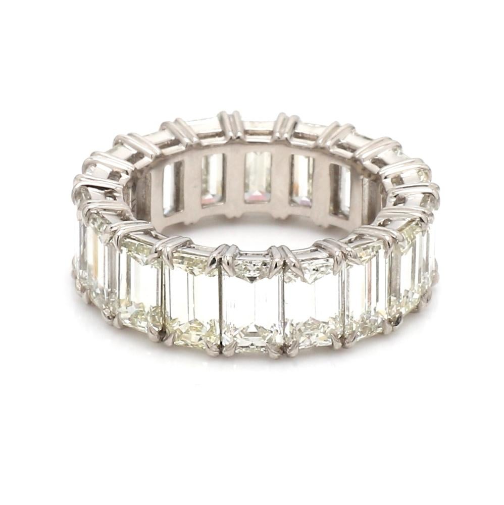 9.50ctw Emerald Diamond Cut Eternity Band 

This stunning 9.50ctw emerald-cut diamond eternity band, set in PT 950 platinum, features 18 diamonds with G-H color and VS1 clarity. Resizable and weighing 8.7 grams, this size 6 ring exudes elegance and