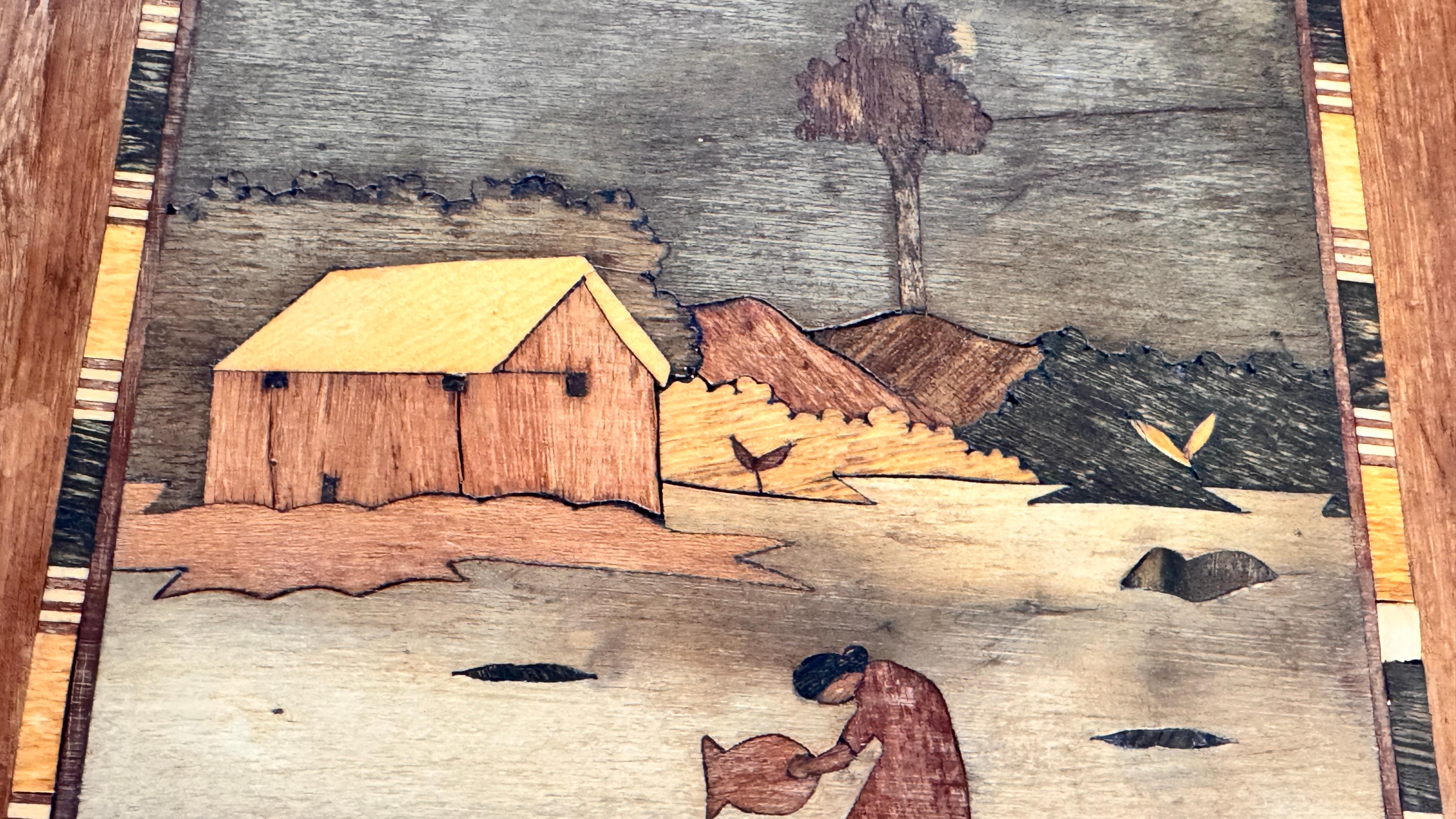 Französisches Intarsien-Tablett aus dem Jahr 950 - Traditionelles Kunsthandwerk mit Winterszenen im Angebot 6