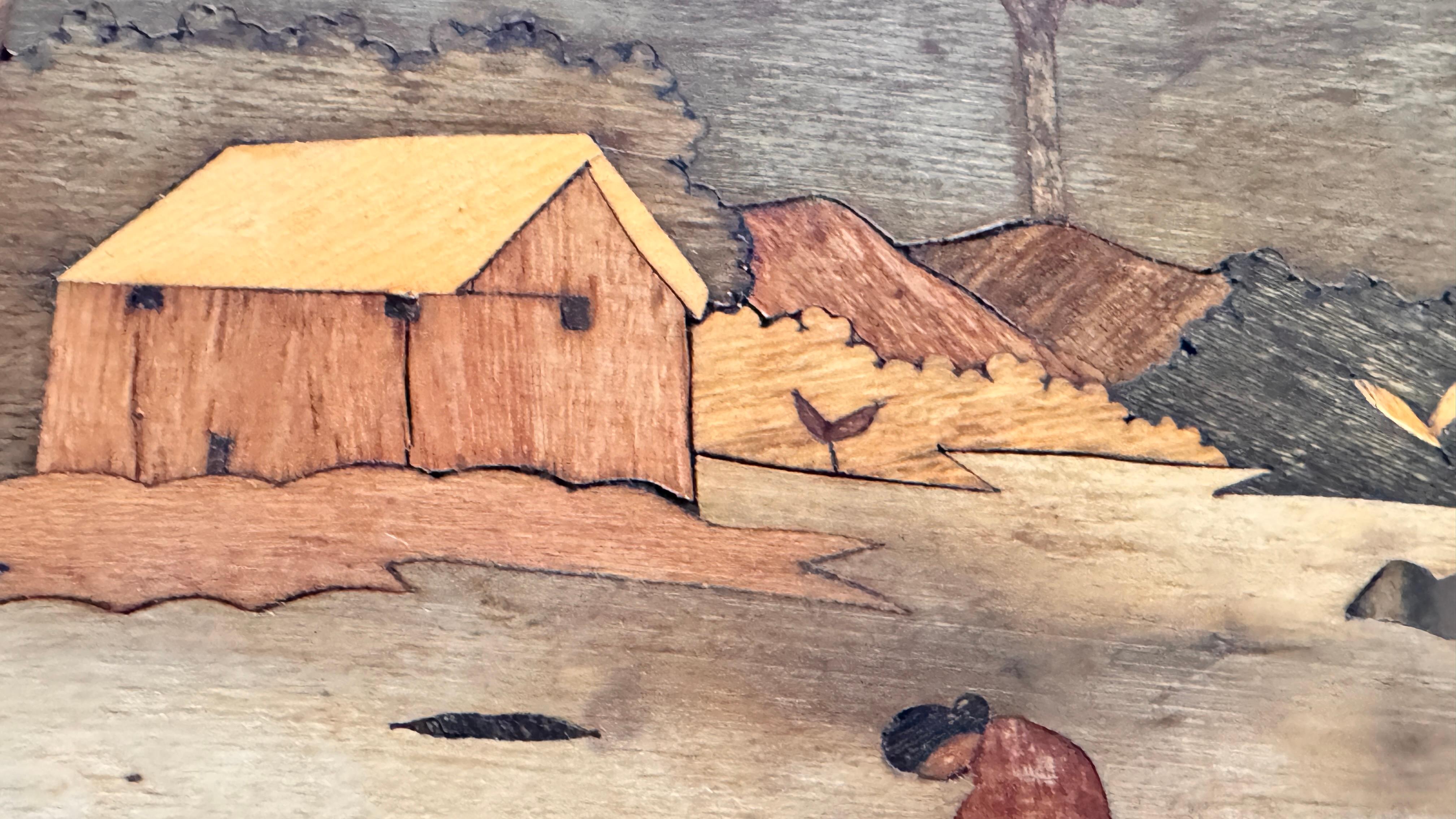 Französisches Intarsien-Tablett aus dem Jahr 950 - Traditionelles Kunsthandwerk mit Winterszenen im Angebot 7