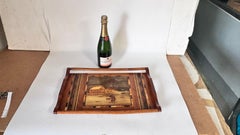 Plateau en marqueterie de bois français des années 950 - Artisanat traditionnel avec scène d'hiver