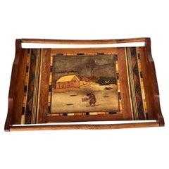 950s French Wooden Marquetry Tray – Traditional Craftwork with Winter Scene