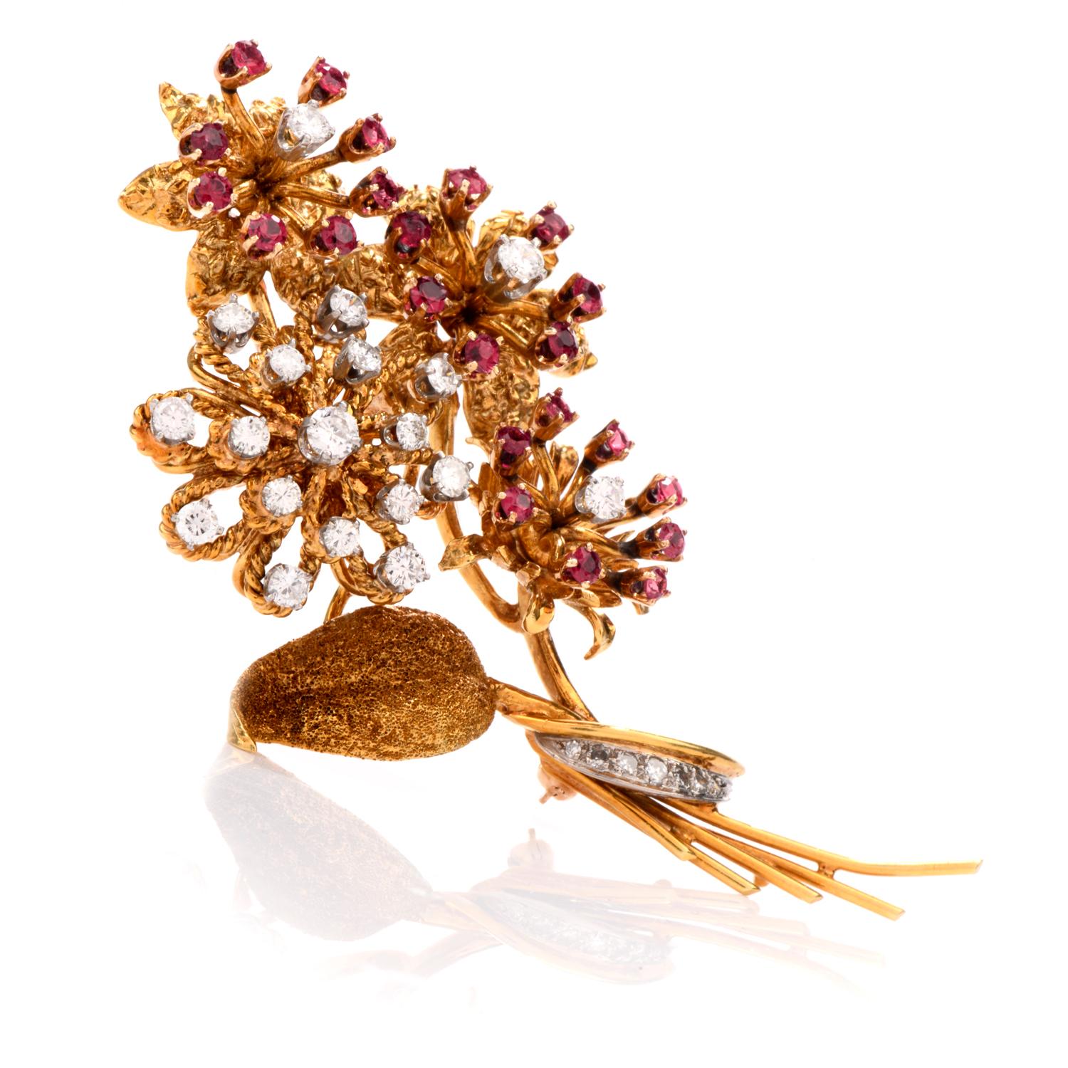 The bouquet of flowers will make anyone smile!

This vintage 50's  brooch was inspired in a floral bouquet and crafted in 18K gold. 3 of the 4 flowers have diamond centers and round rubies accenting around while the 

4th flower hosts 18 round