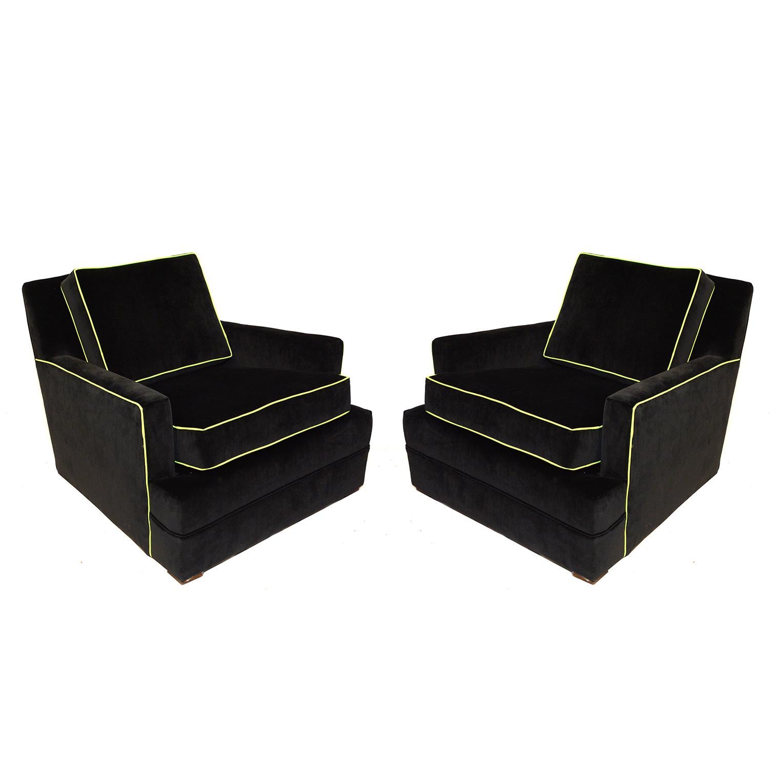 Machine-Made 1950s Vanleigh Black Velvet Club Chairs w/Safety Yellow Green Piping
