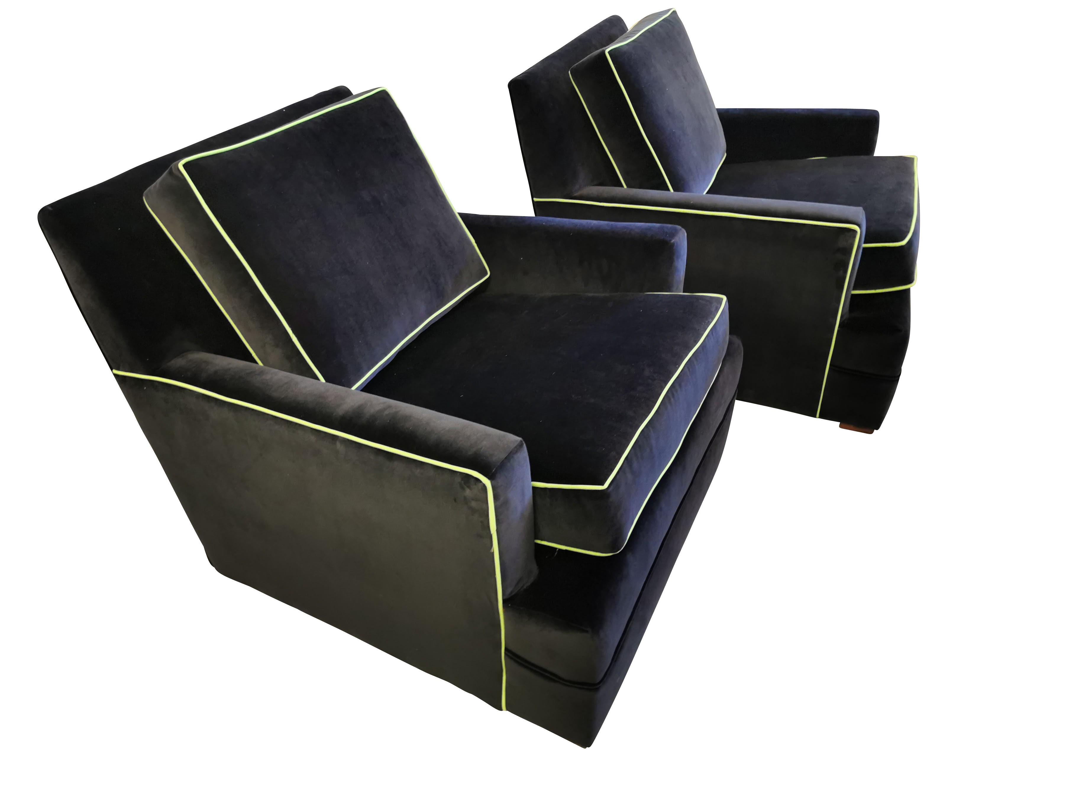 Mid-20th Century 1950s Vanleigh Black Velvet Club Chairs w/Safety Yellow Green Piping