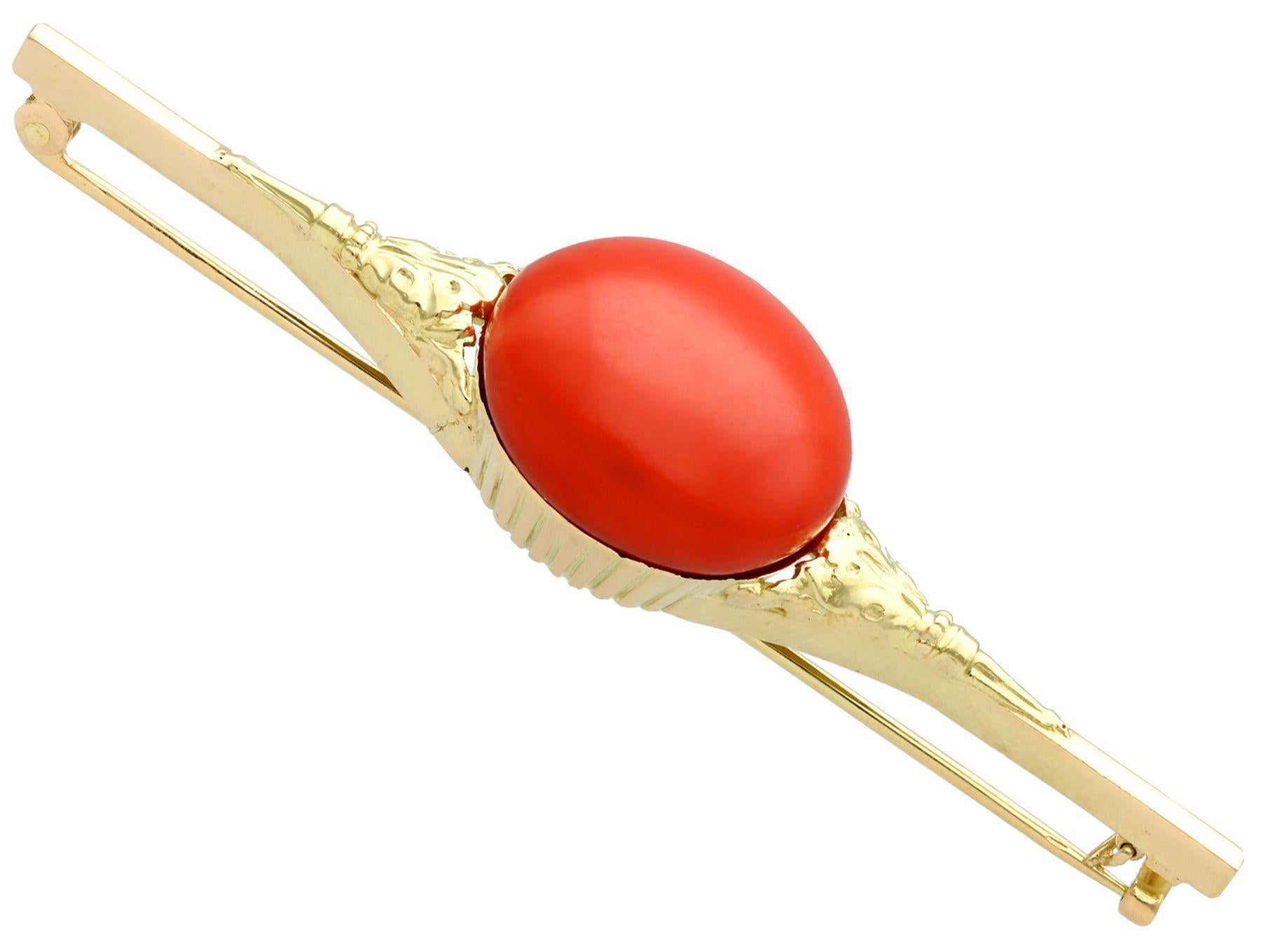 Women's or Men's Antique German 9.51Ct Cabochon Cut Coral and Yellow Gold Bar Brooch Circa 1930 For Sale