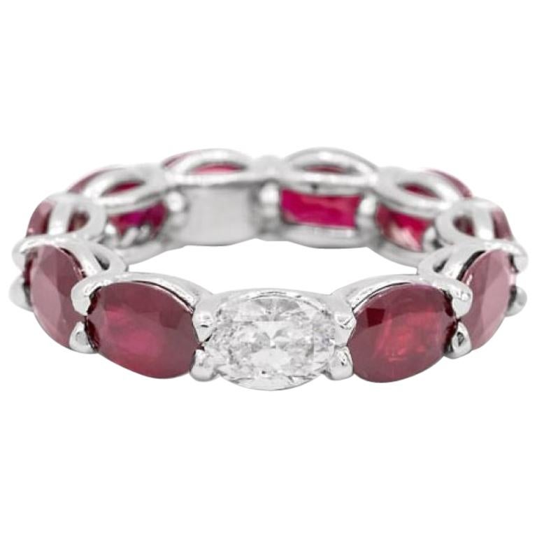 9.51 Carat Ruby and Oval Diamond East West Eternity Band Ring