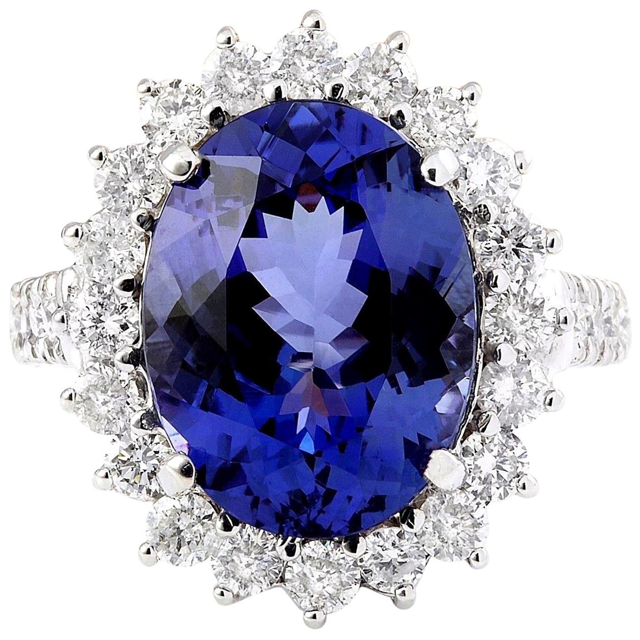 9.51 Carat Tanzanite 18 Karat Solid White Gold Diamond Ring For Sale