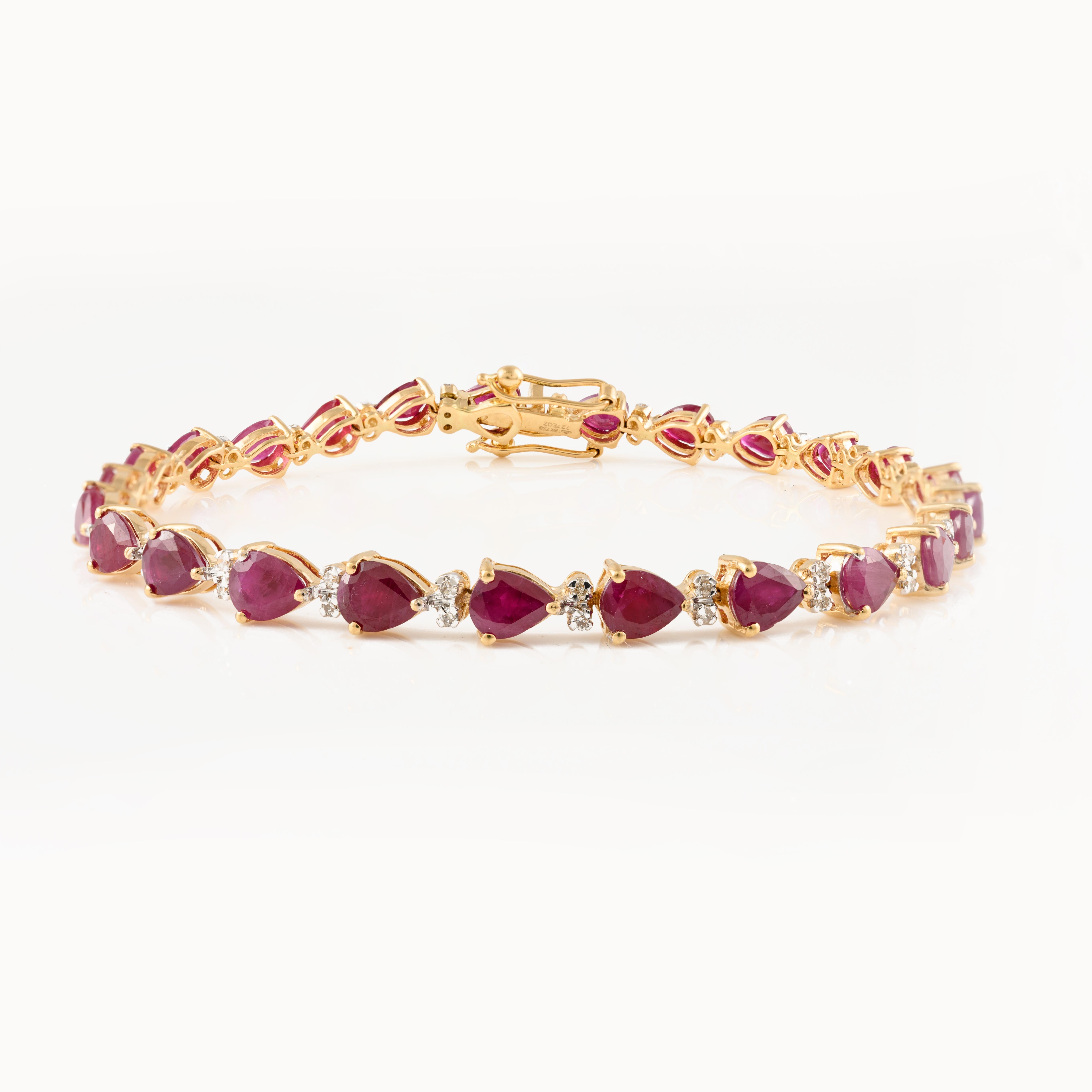 This Ruby Diamond Tennis Bracelet in 18K gold showcases 25 endlessly sparkling natural ruby, weighing 9.51 carats and 50 pieces of diamonds weighing 0.35 carats. It measures 7 inches long in length. 
Ruby improves mental strength. 
Designed with