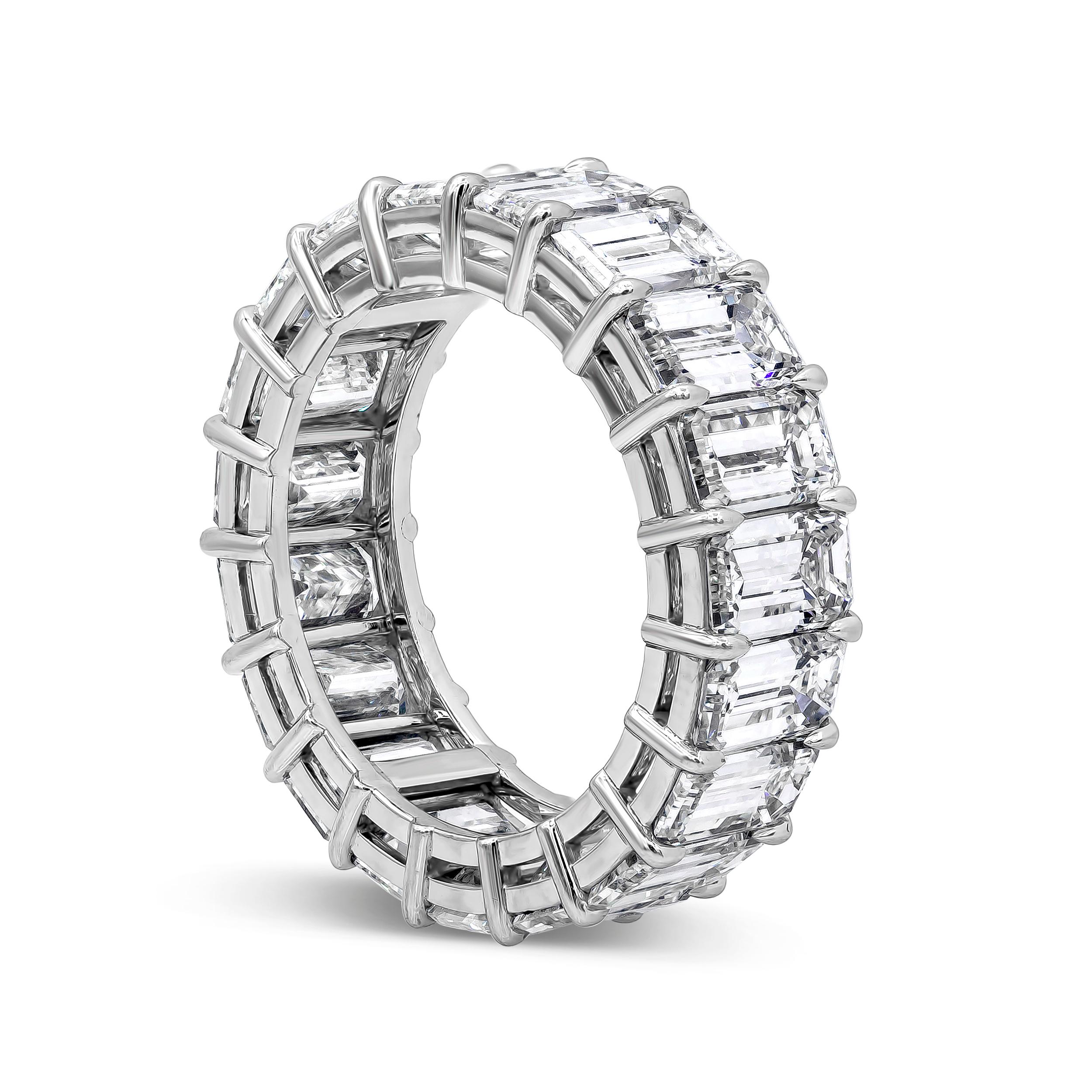A simple and brilliant eternity wedding band showcasing a row of emerald cut diamonds weighing 9.52 carats total, set in a timeless shared prong setting and polished platinum mounting. Size 6.25 US resizable upon request and 0.25 inches in