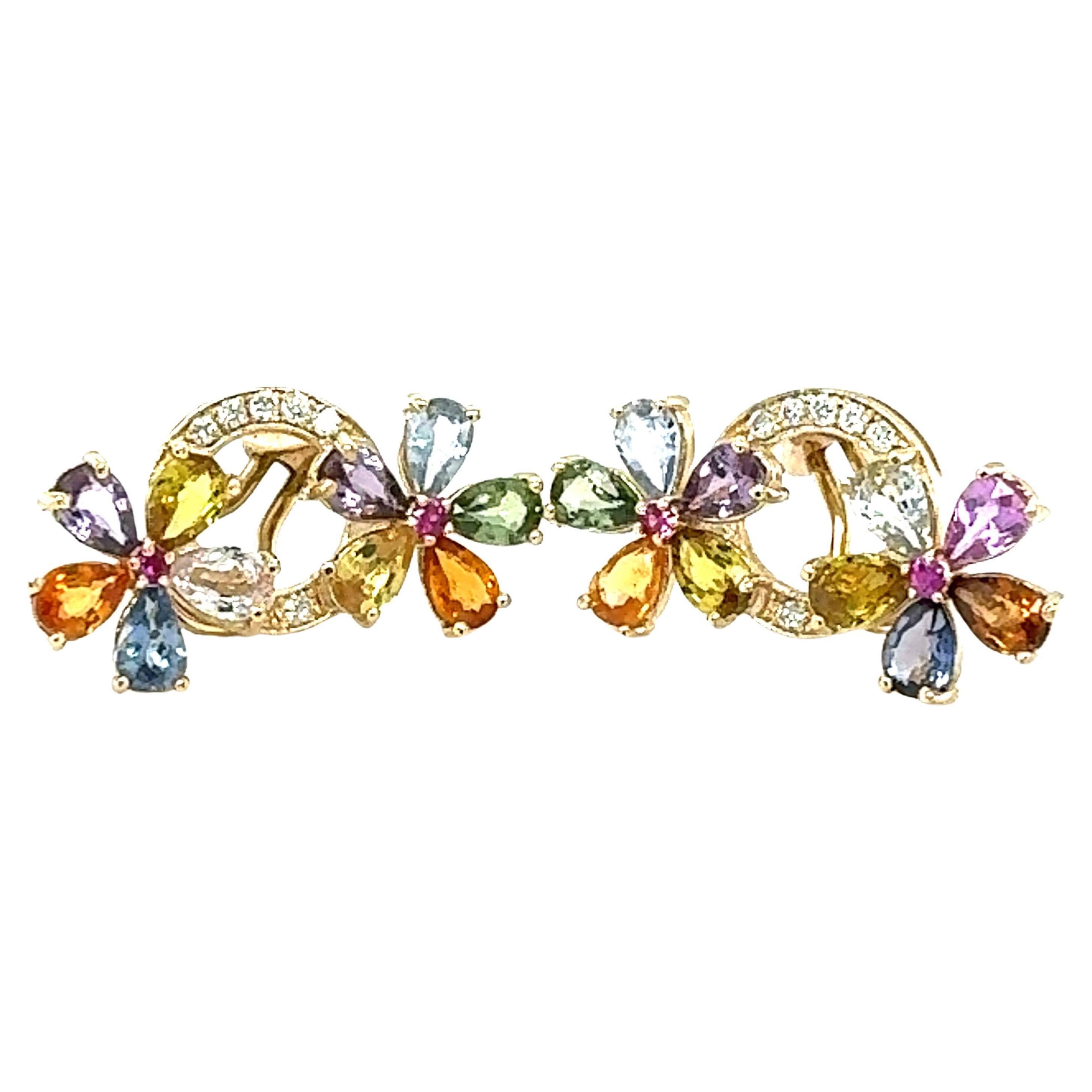 9.52 Carat Multicolor Sapphire Diamond Yellow Gold Earrings For Sale