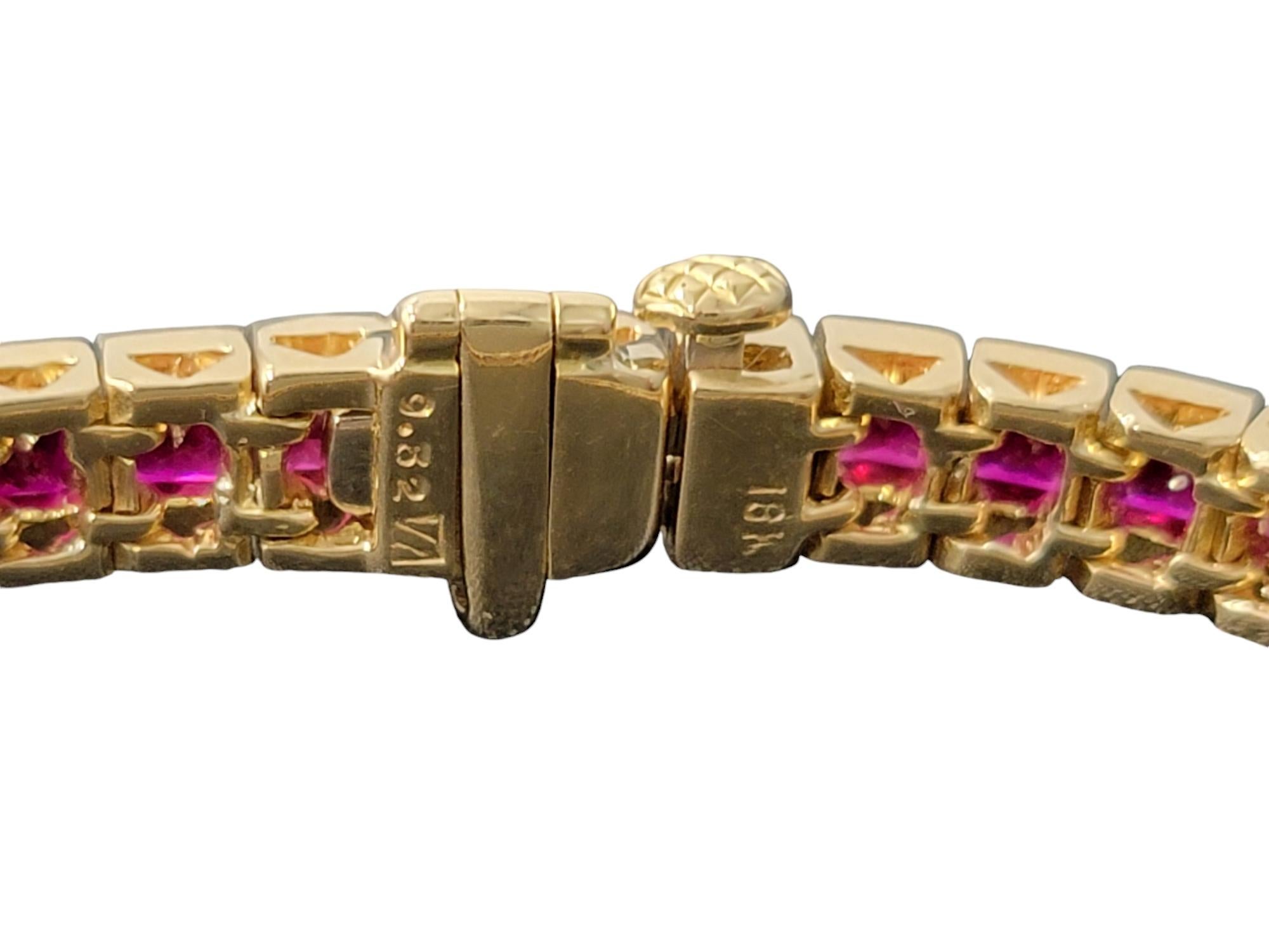 Women's 9.52 Carat Princess Cut Ruby Channel Set Tennis Bracelet in 18 Karat Yellow Gold For Sale