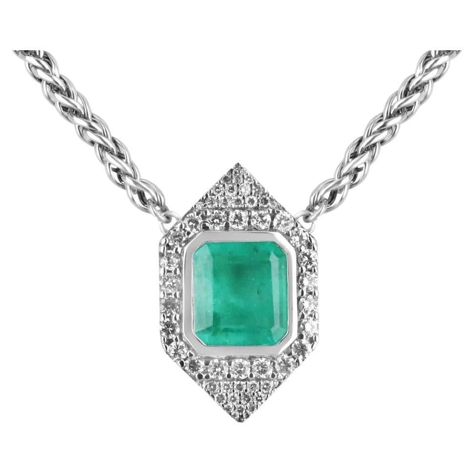 10.21tcw 14K Colombian Emerald-Emerald Cut & Diamond Halo Cluster Gold Necklace For Sale
