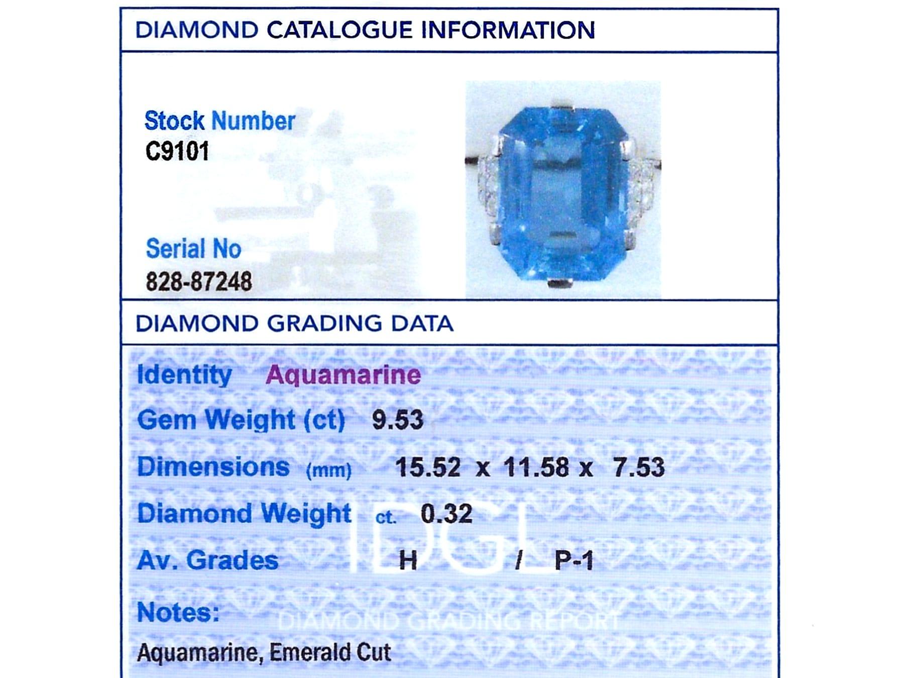 9.53 Carat Aquamarine 0.32 Carat Diamond Platinum Ring by Boucheron Circa 1935 4