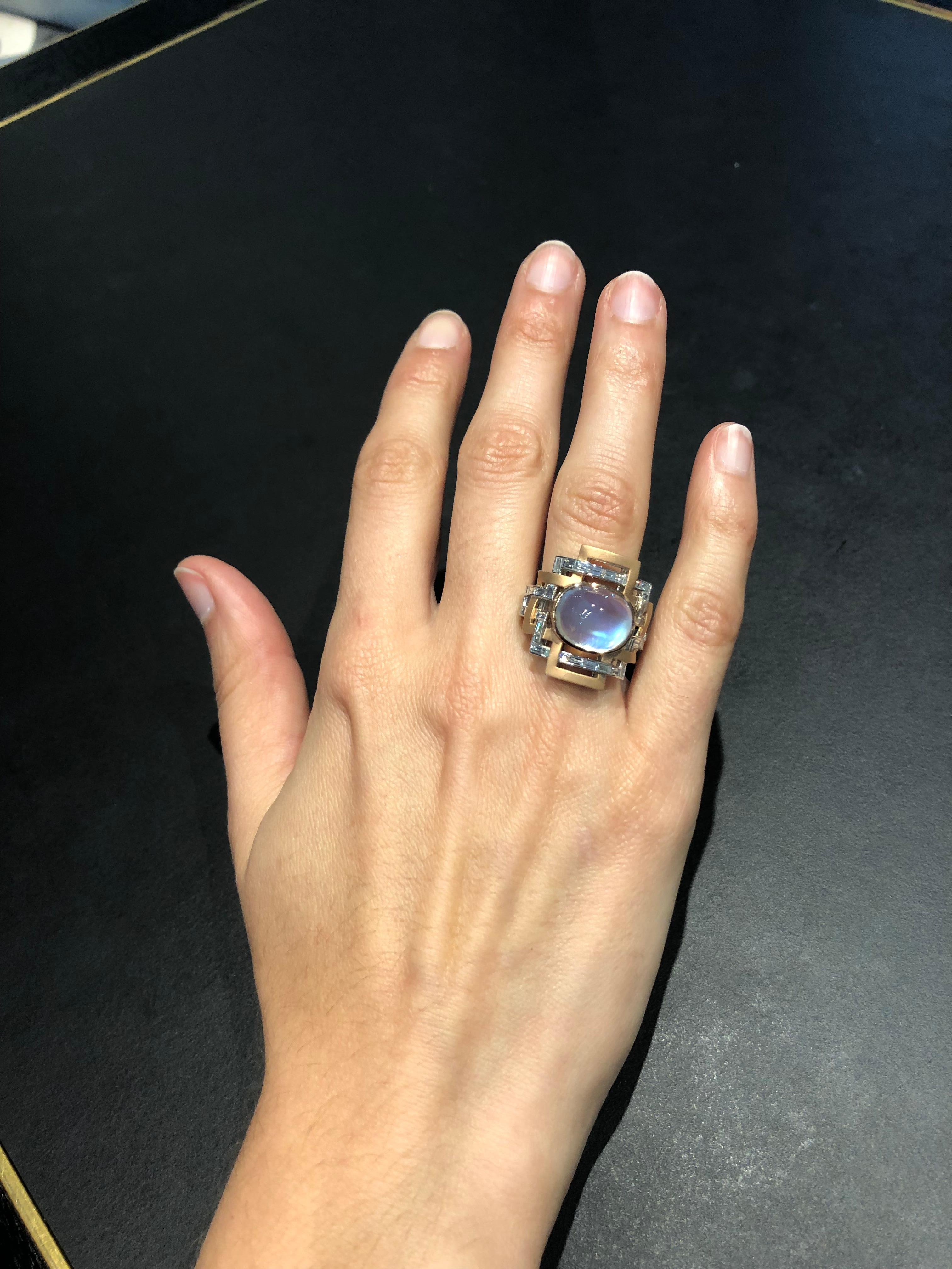 9.53 Carat Cushion Cut Moonstone and Baguette Diamond Cocktail Ring In New Condition For Sale In Sydney, NSW