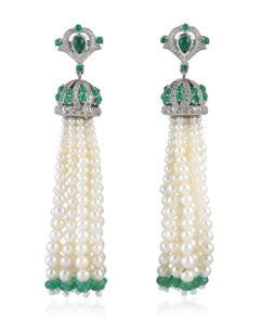 9.53 Carat Emerald Diamond Pearl Tassel Earrings