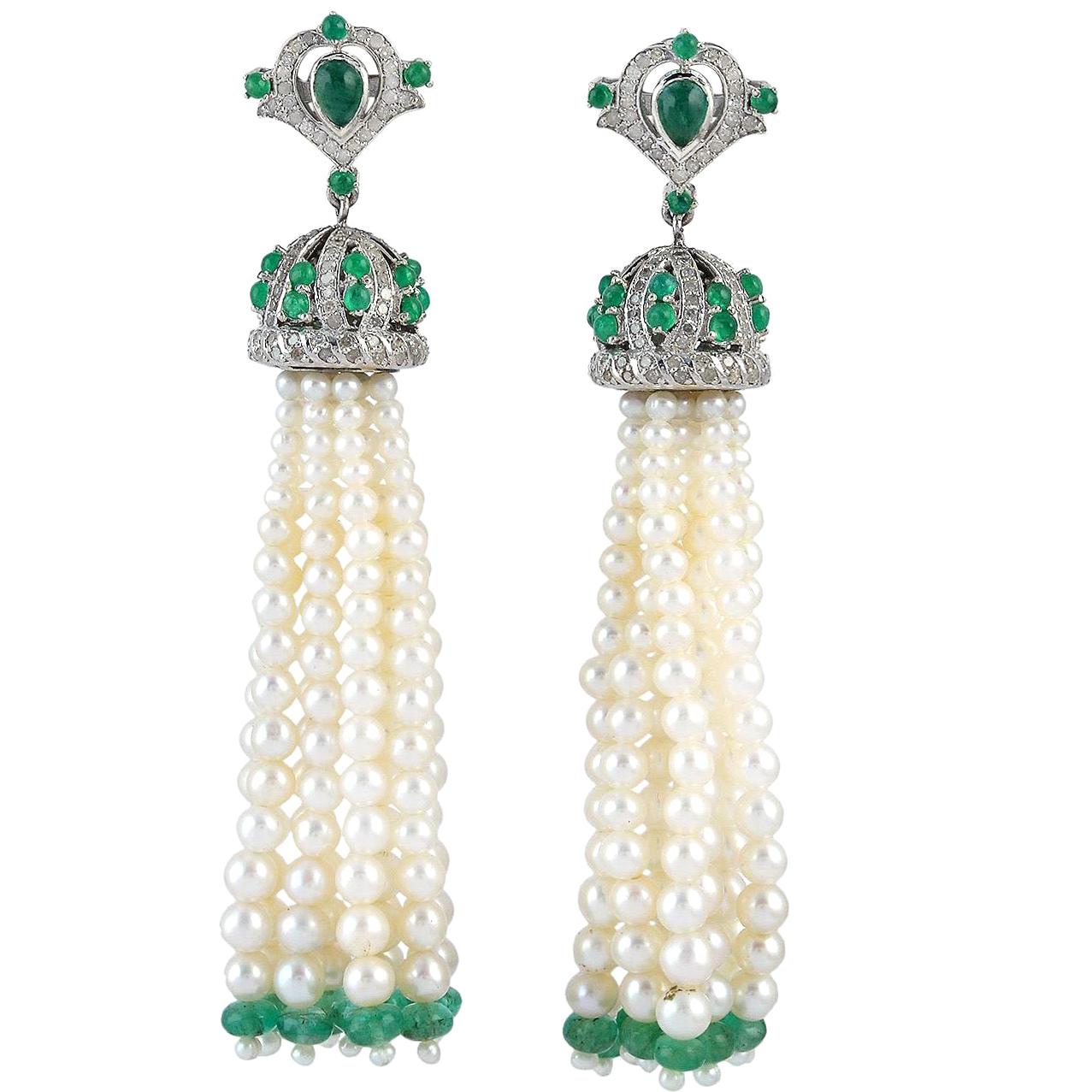 9.53 Carat Emerald Diamond Pearl Tassel Earrings For Sale