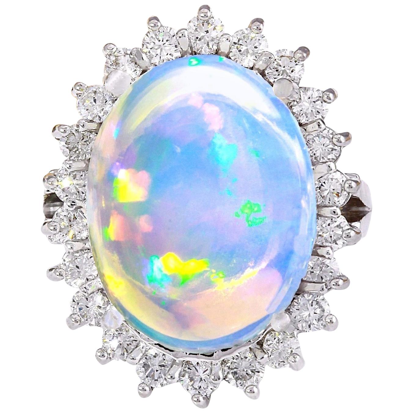 Natural Opal 14 Karat Solid White Gold Diamond Ring