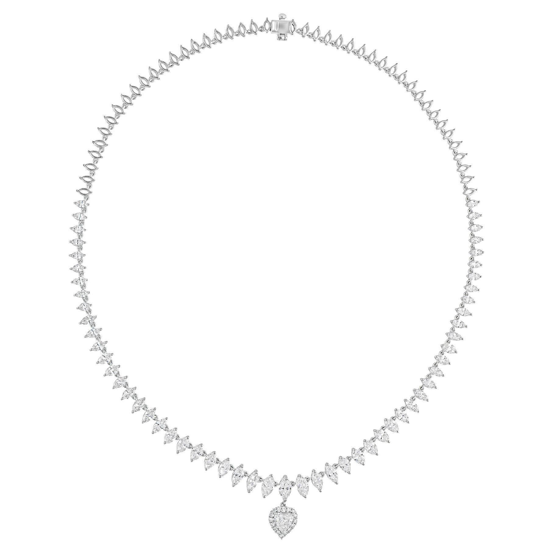 9.53 Carat SI/H Multi Shape Diamond Heart Charm Necklace 18 Karat White Gold For Sale