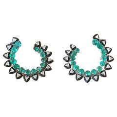 9.53 Cts, Zambian Emerald, Black Enamel & Diamonds Art Deco Style Hoop Earrings