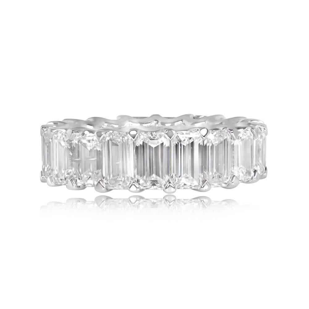 A stunning platinum and diamond eternity band featuring 9.53 carats of prong-set emerald-cut diamonds. The diamonds are G color and VS1-VS2 clarity. The band varies in width from 6.48mm to 6.88mm.

Ring Size: 6.75 US, Resizable
Color: G Color