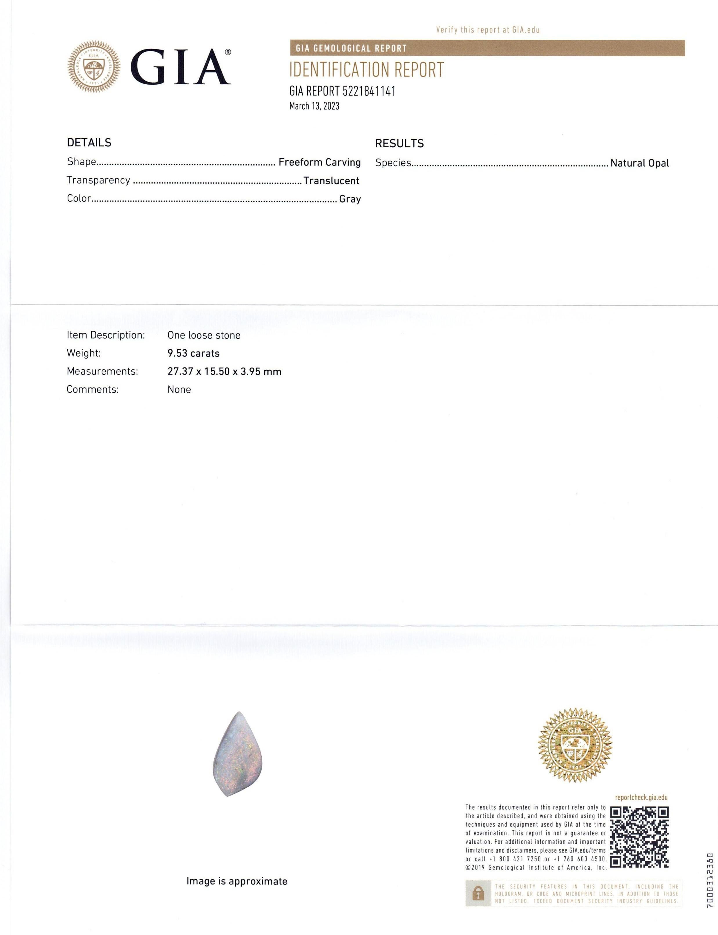 9.53ct Freeform Carving Gray Opal GIA Certified Australia   In New Condition For Sale In Toronto, Ontario