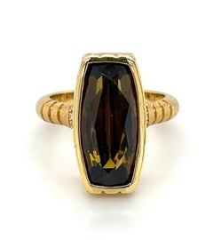9.54 Carat Cushion-Cut Olive Tourmaline and Diamond Ring in 18k Yellow Gold