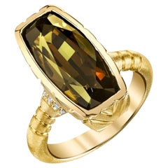 9.54 Carat Cushion-Cut Olive Tourmaline and Diamond Ring in 18k Yellow Gold