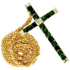 9.54 Carat Natural Diamonds and Vivid Green Tsavorite Cross 18 Karat and Chain