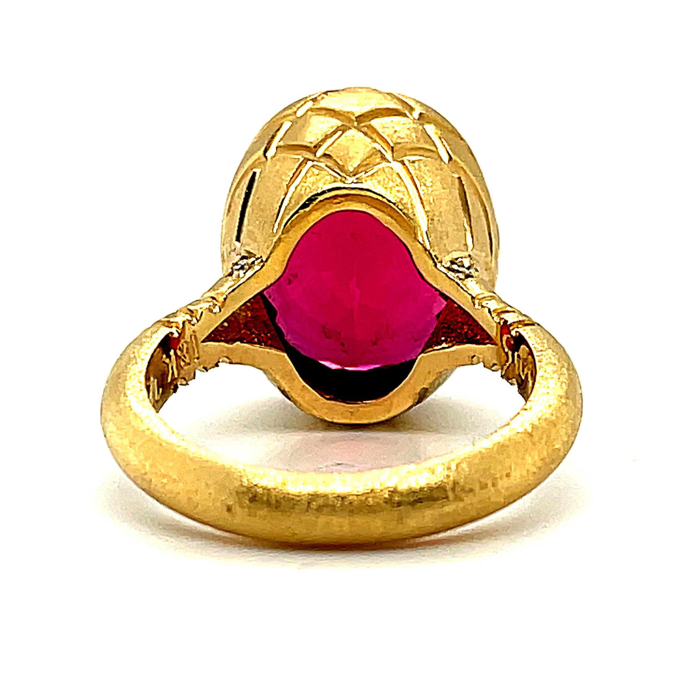 Artisan Red Tourmaline and Diamond Band Ring in Yellow Gold, 9.54 Carats  For Sale