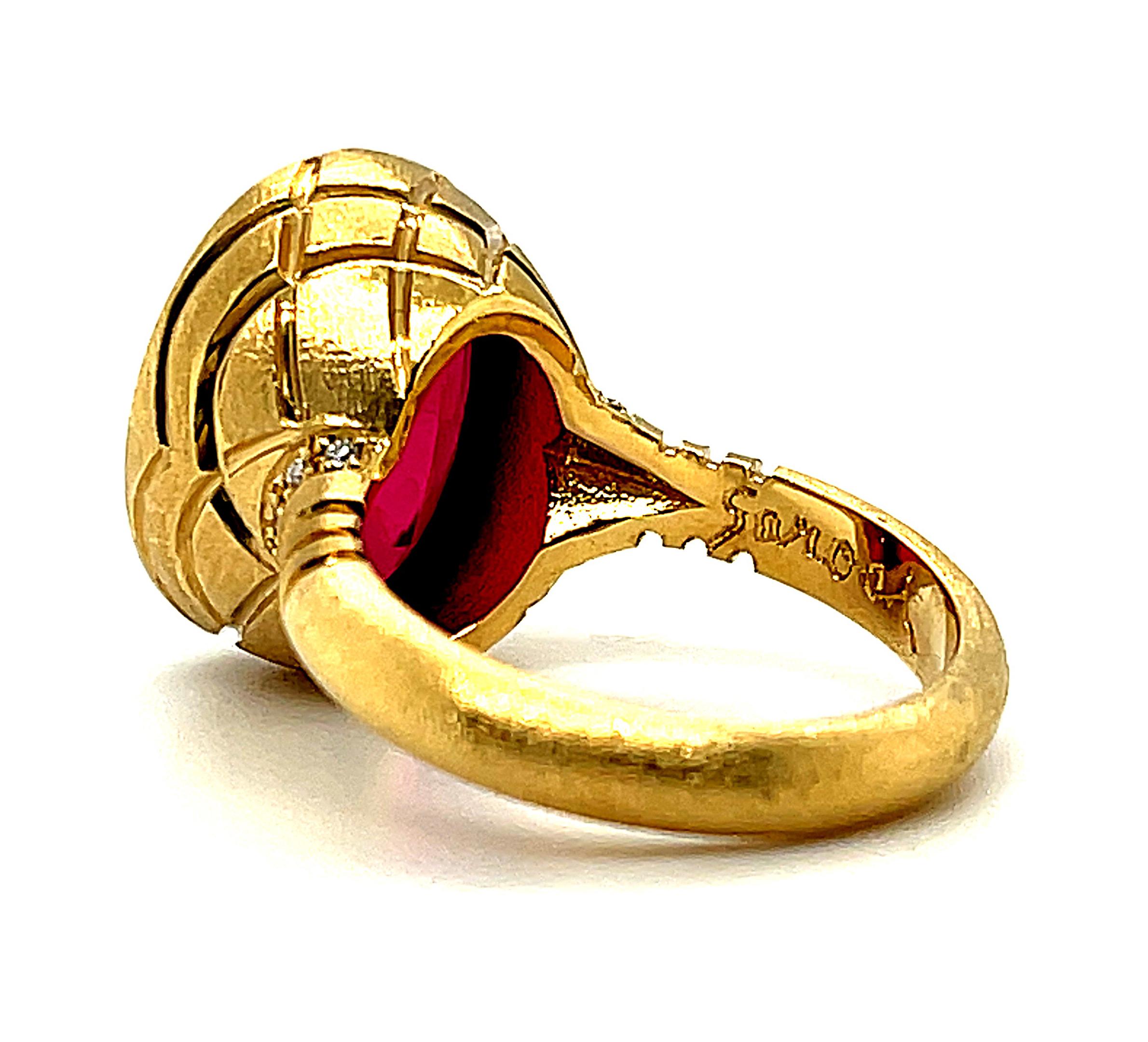 Oval Cut Red Tourmaline and Diamond Band Ring in Yellow Gold, 9.54 Carats  For Sale