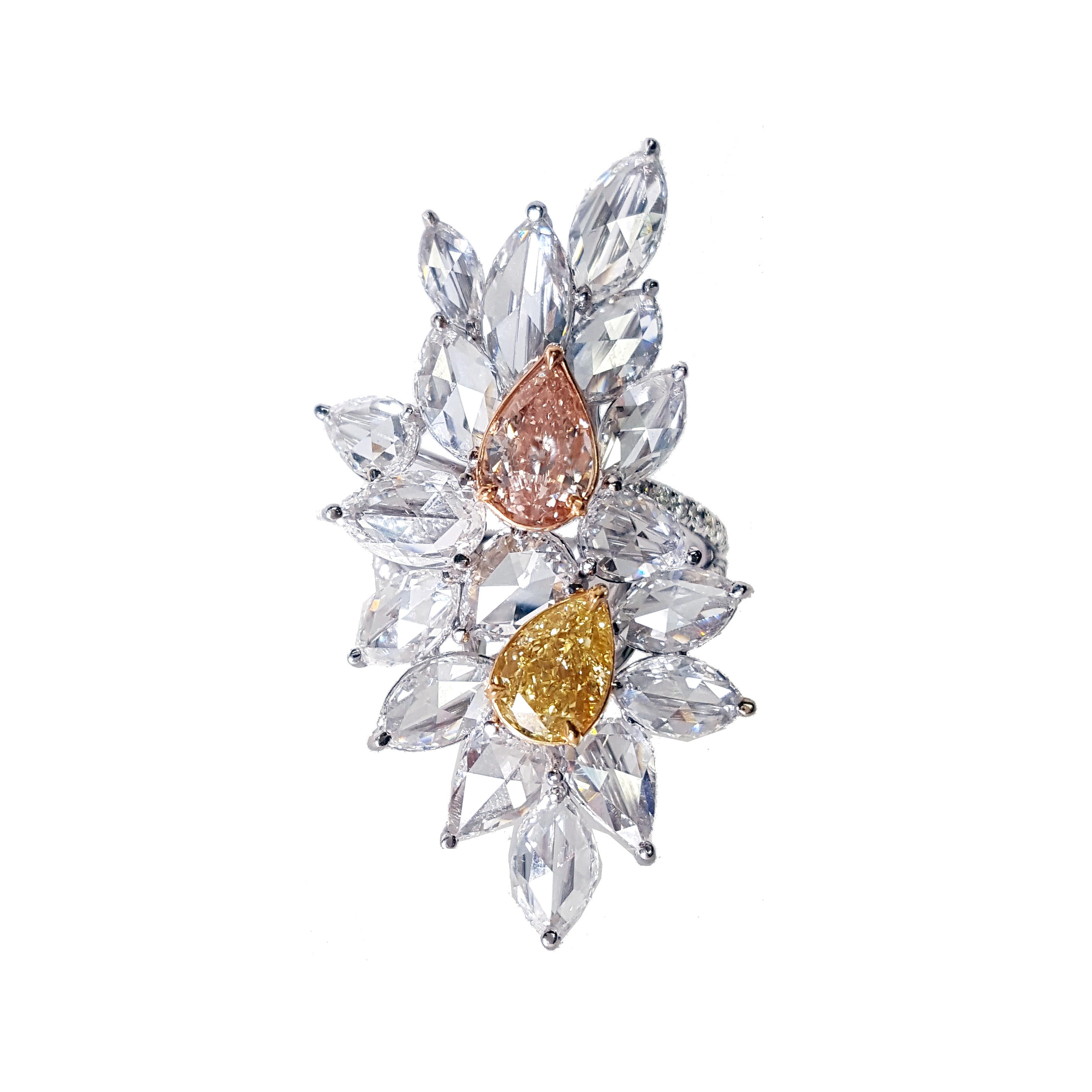 Pear Cut 9.54 Carat Yellow, Pink Diamond and Rose-Cut diamond Cluster Ring GIA Certs. For Sale
