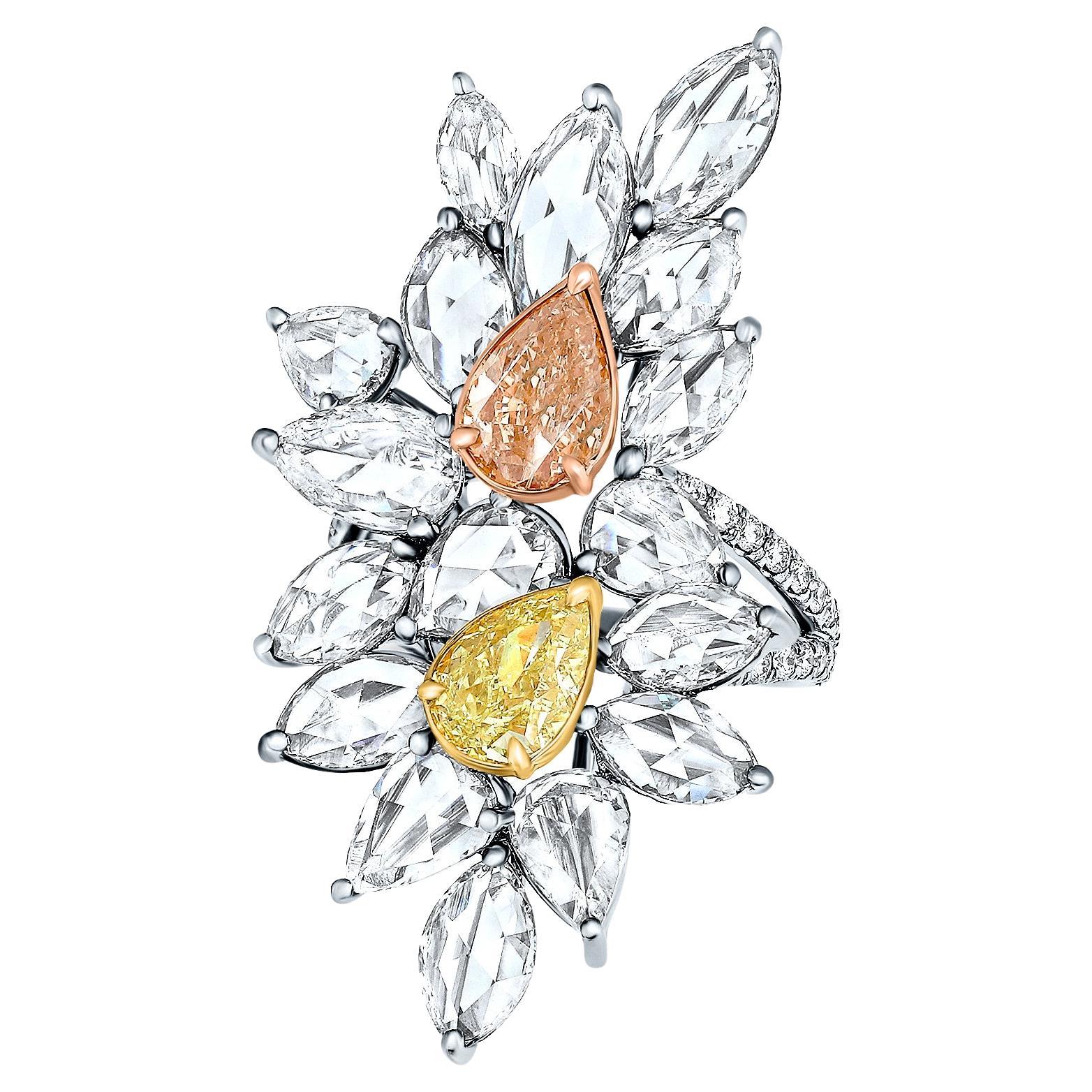9.54 Carat Yellow, Pink Diamond and Rose-Cut diamond Cluster Ring GIA Certs. For Sale