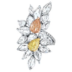 9.54 Carat Yellow, Pink Diamond and Rose-Cut diamond Cluster Ring GIA Certs.