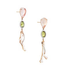 9.54 Carat Carved Rose Quartz, Angel Skin Coral, Peridot, and Diamond Earrings