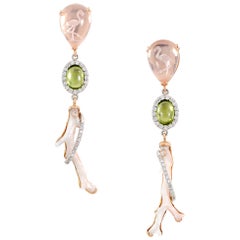 9.54 Carat Carved Rose Quartz, Angel Skin Coral, Peridot, and Diamond Earrings