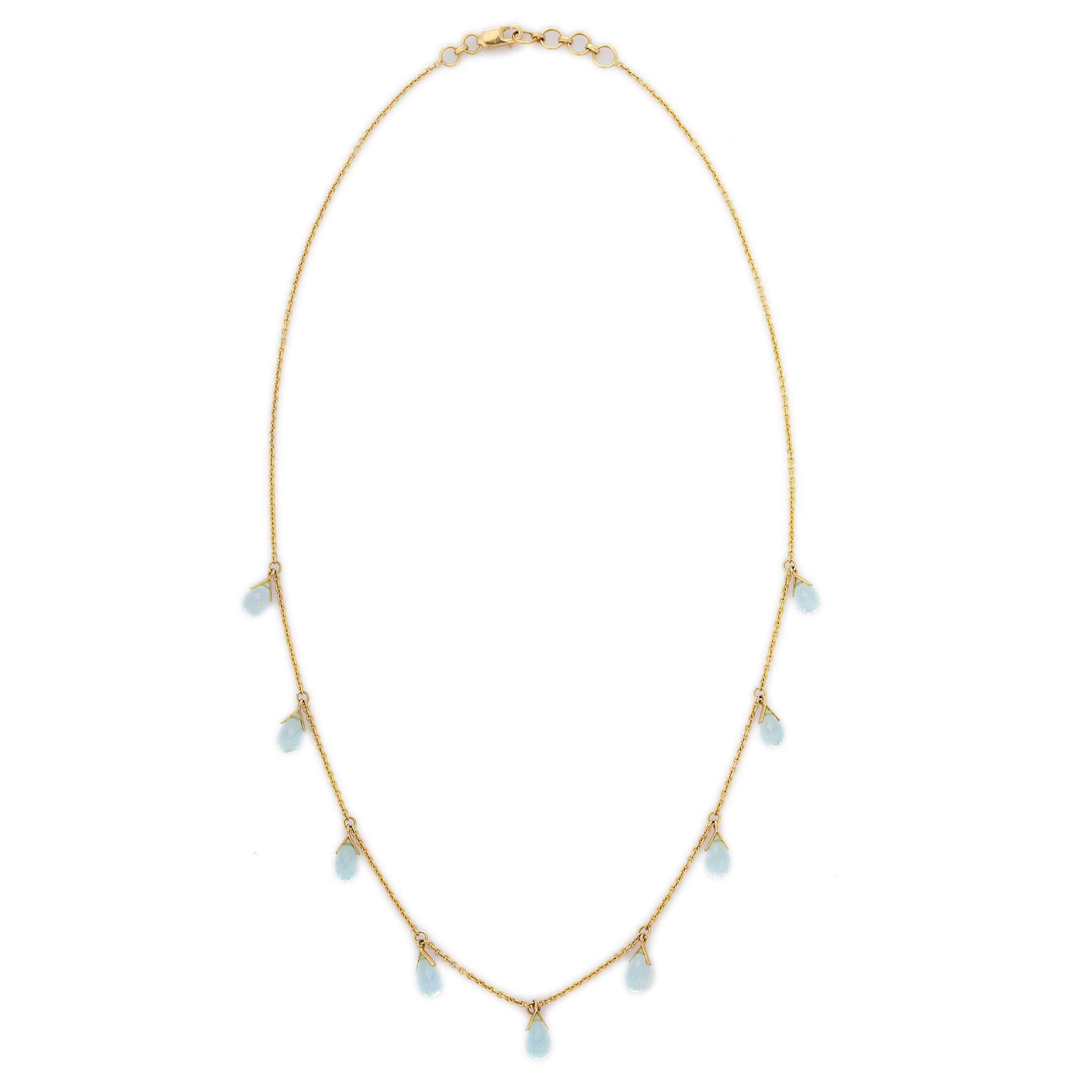 Pear Cut 9.55 Carat Blue Topaz Drop Chain Necklace in 18K Yellow Gold For Sale