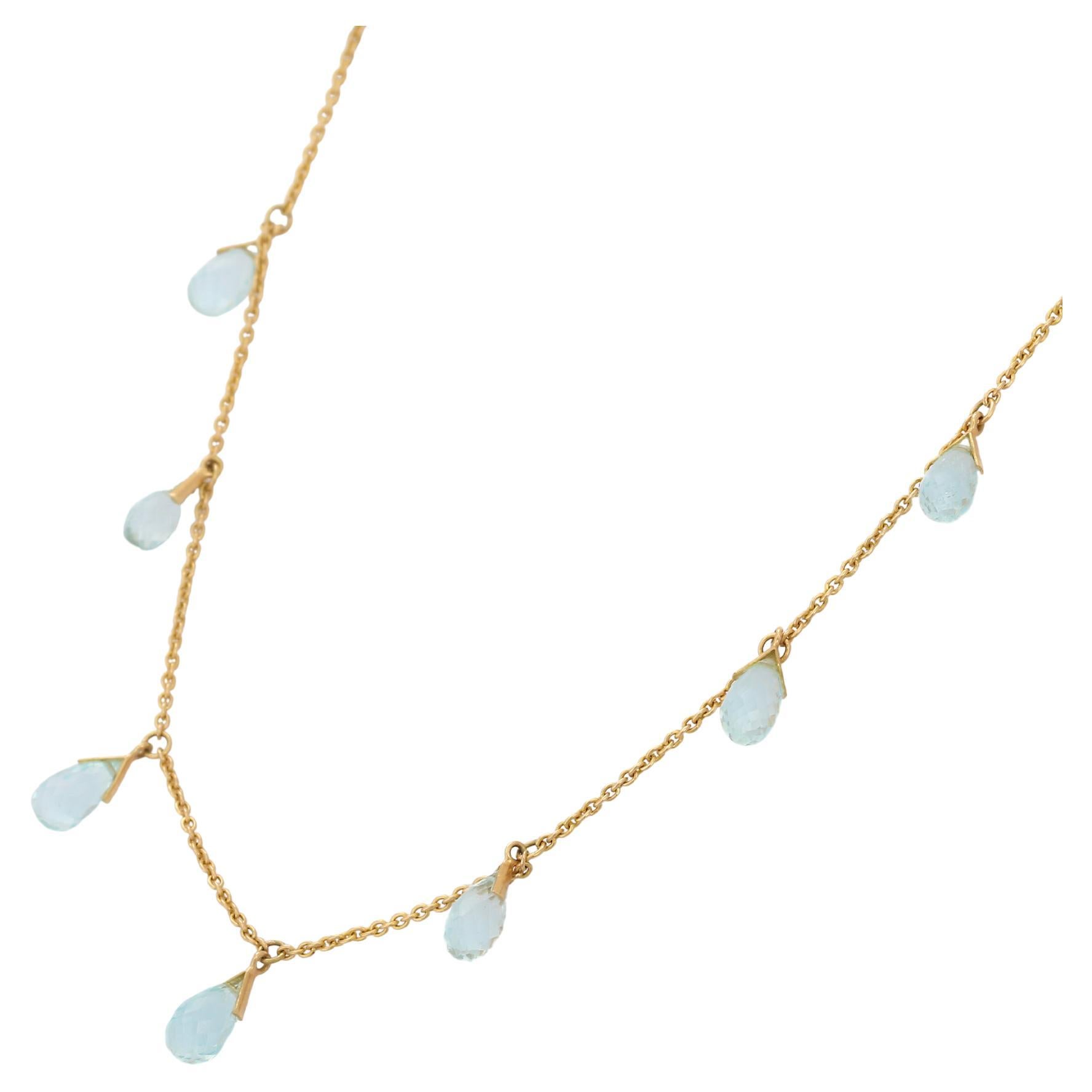 9.55 Carat Blue Topaz Drop Chain Necklace in 18K Yellow Gold For Sale