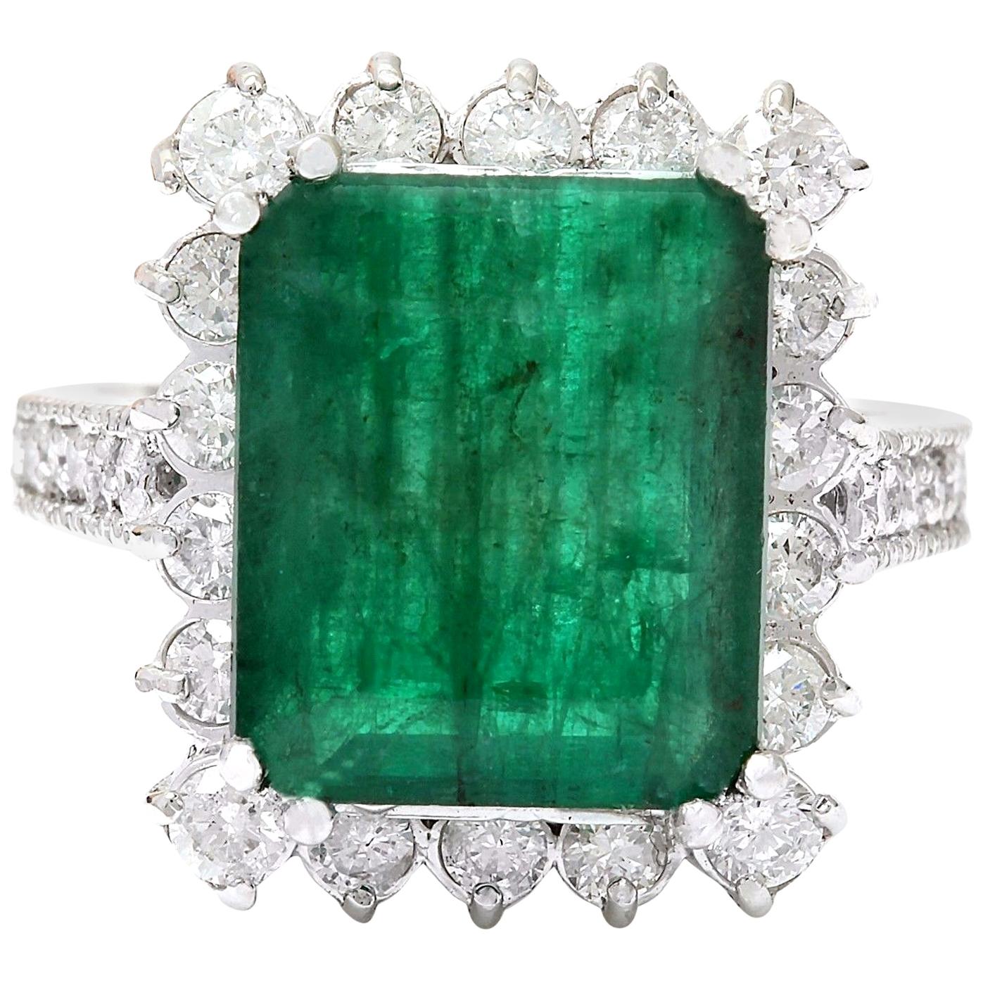 Exquisite Natural Emerald Diamond Ring In 14 Karat Solid White Gold  For Sale