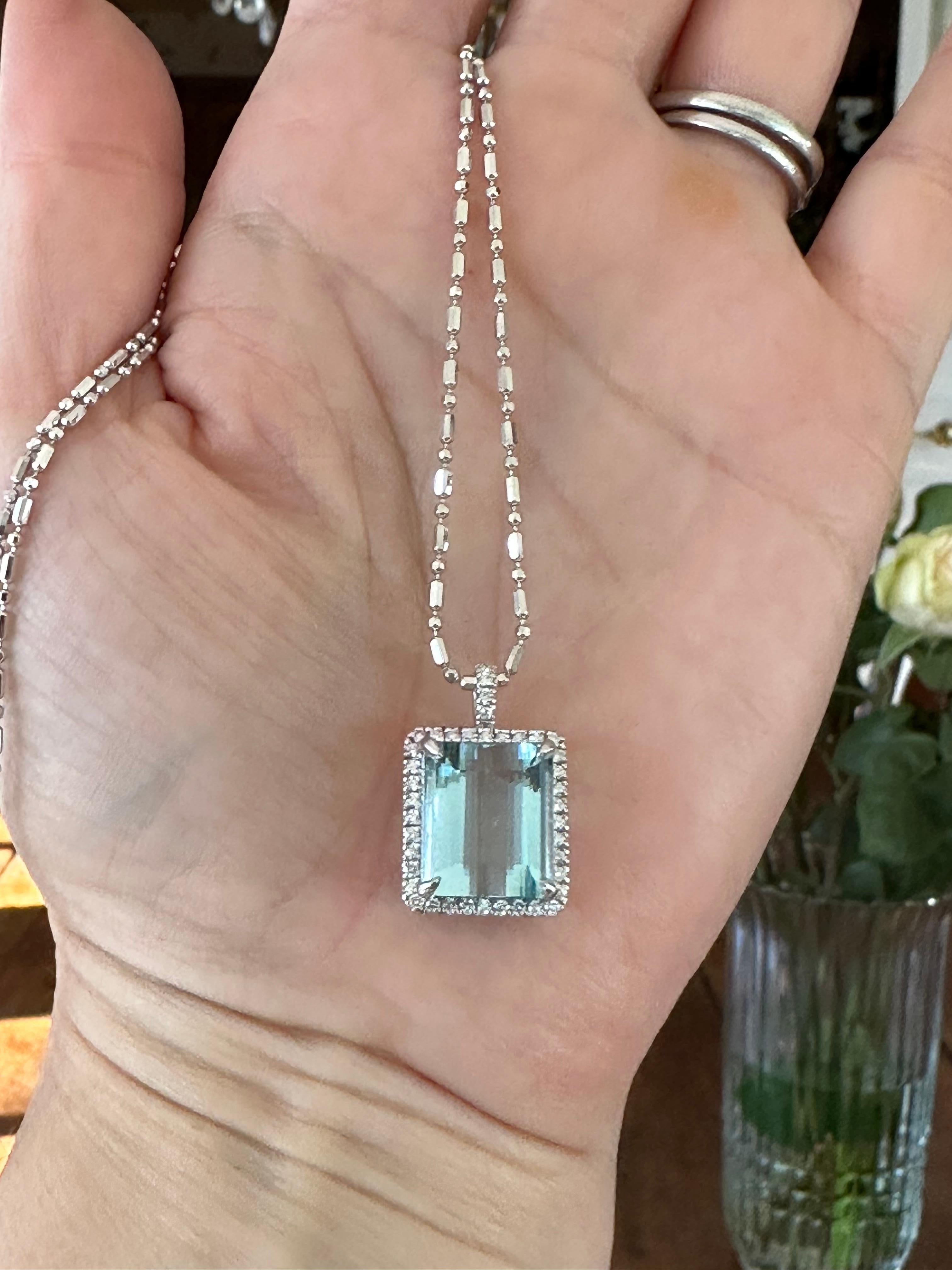 9.55 Carat Emerald Cut Light Blue Aquamarine and Diamond Halo Pendant Necklace  For Sale 6