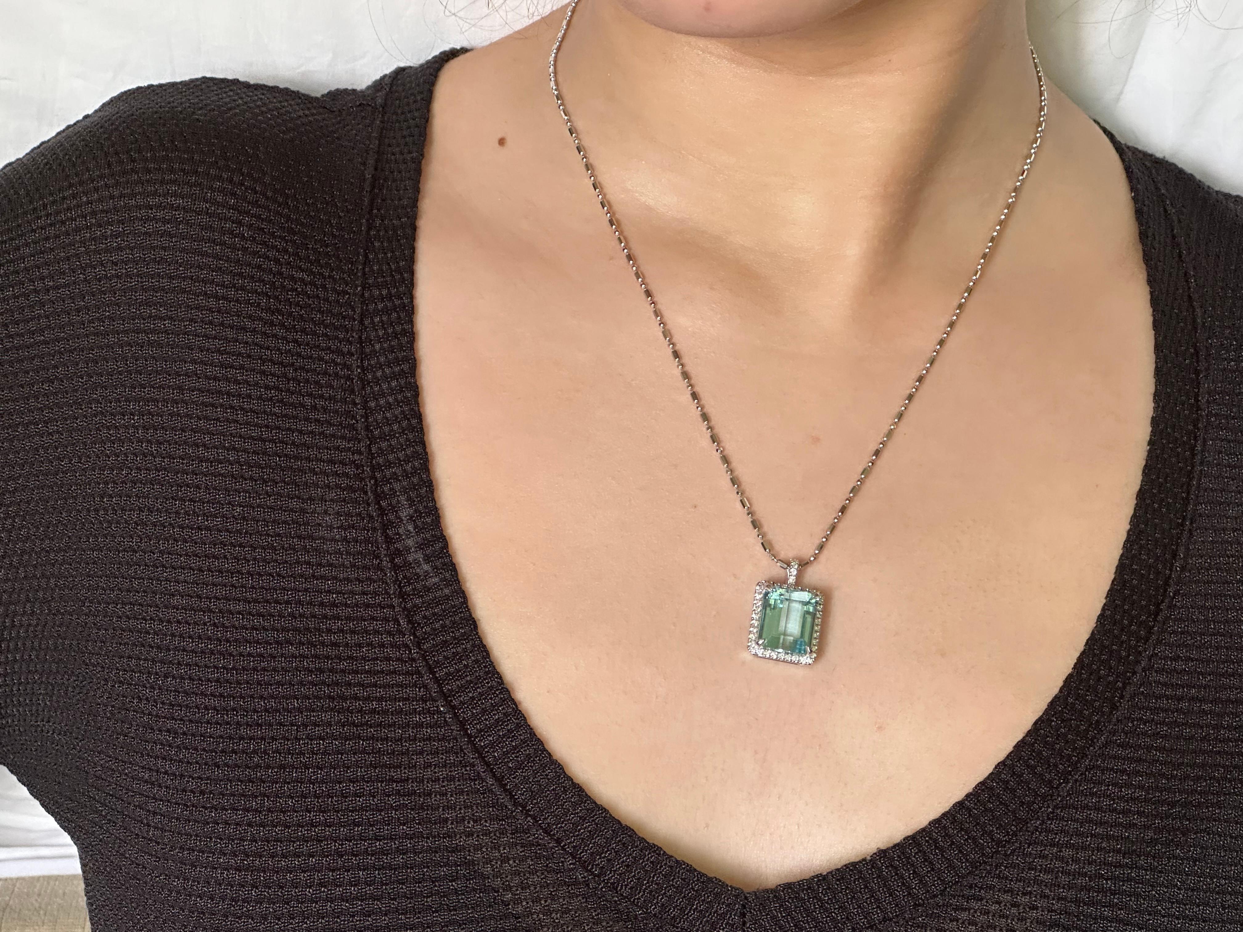 9.55 Carat Emerald Cut Light Blue Aquamarine and Diamond Halo Pendant Necklace  For Sale 8
