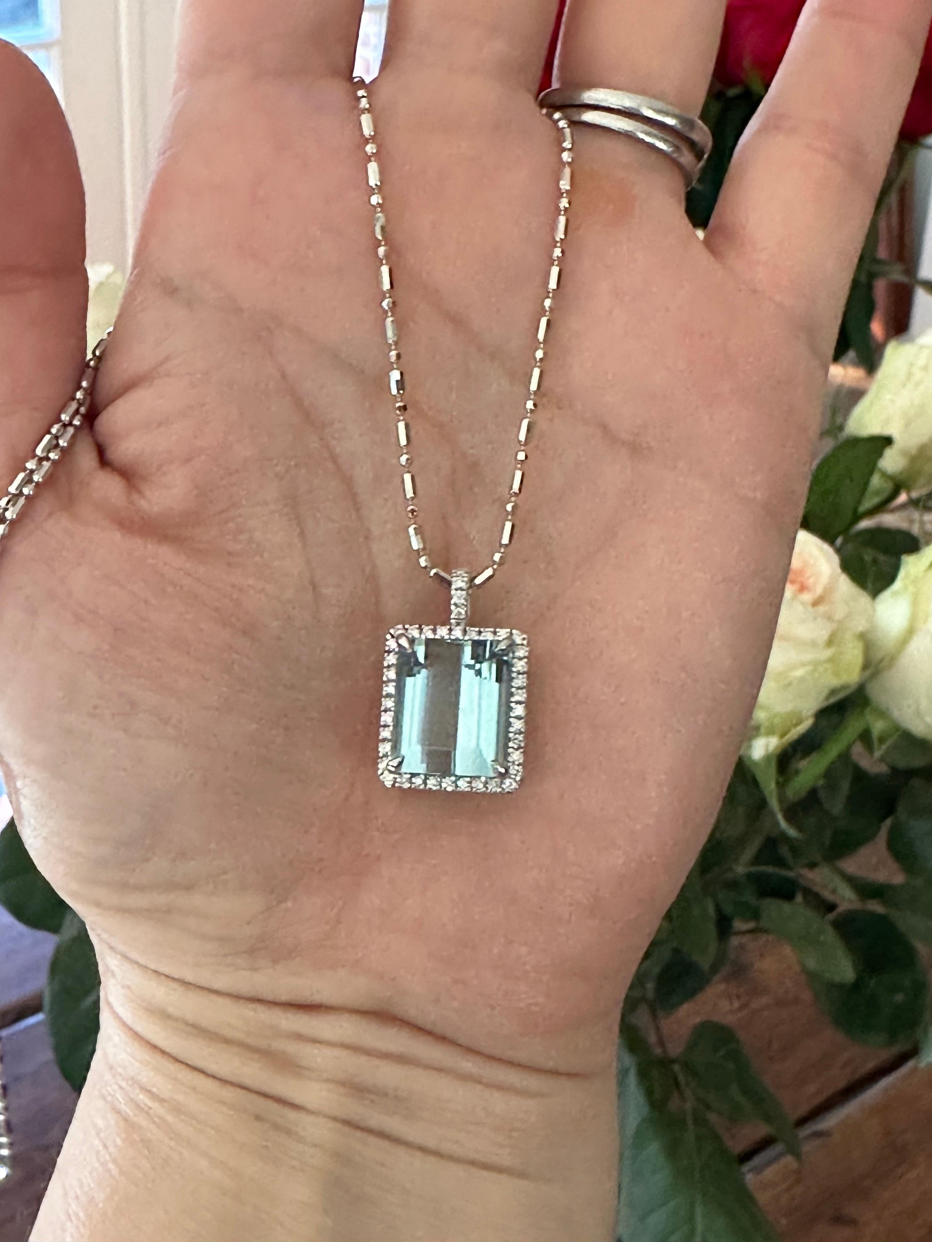 9.55 Carat Emerald Cut Light Blue Aquamarine and Diamond Halo Pendant Necklace  For Sale 5