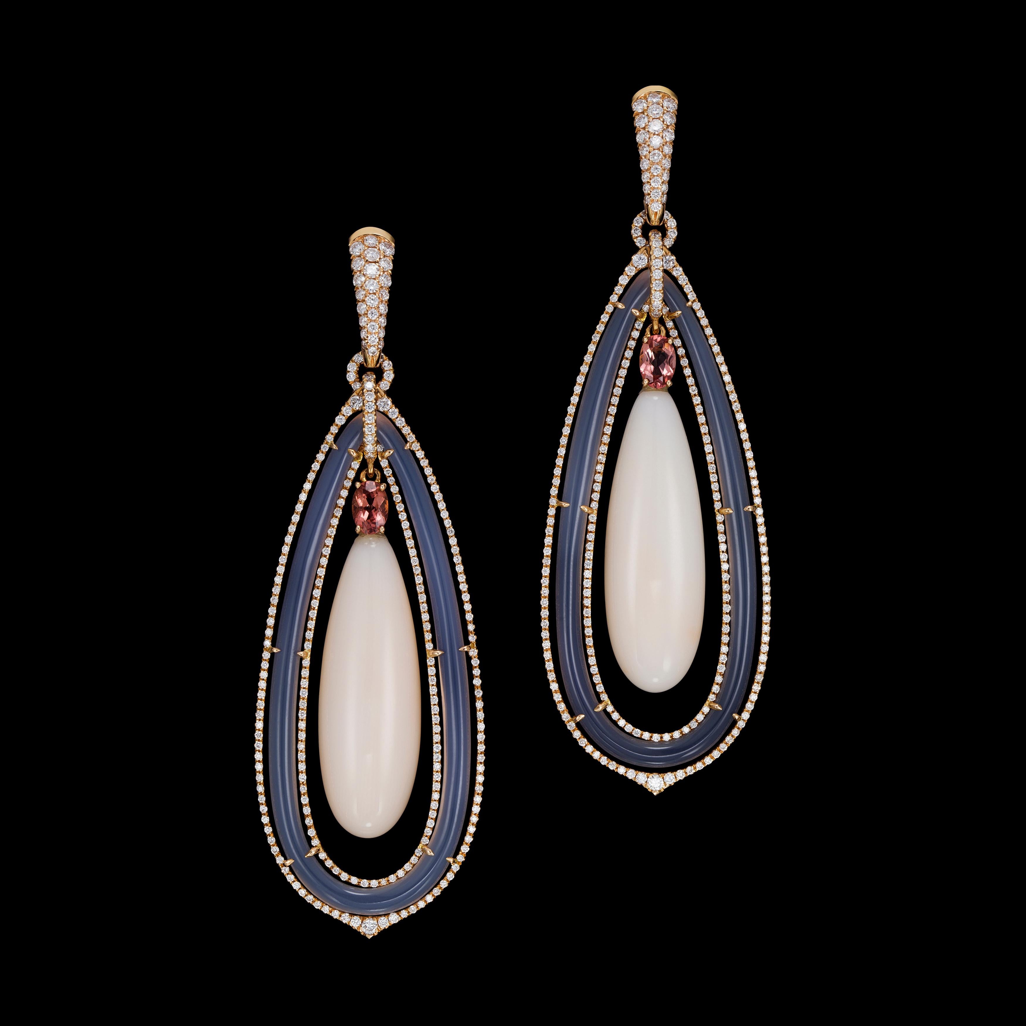 Long coral, grey agate, diamond and pink tourmaline drop earrings and a small pave setting.