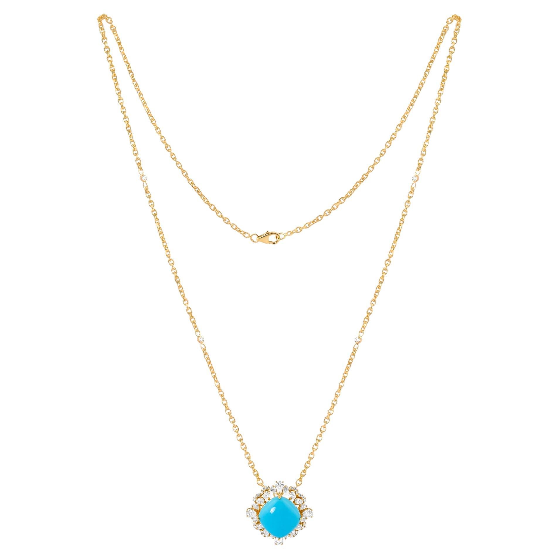 9.55 TCW Cushion Cut Turquoise Diamond Pendant Necklace 18k Yellow Gold Jewelry