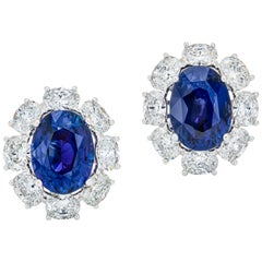 9.56 Carat Earrings, Vivid Royal Blue Sapphire Oval Cut, Unheated, GRS Certified