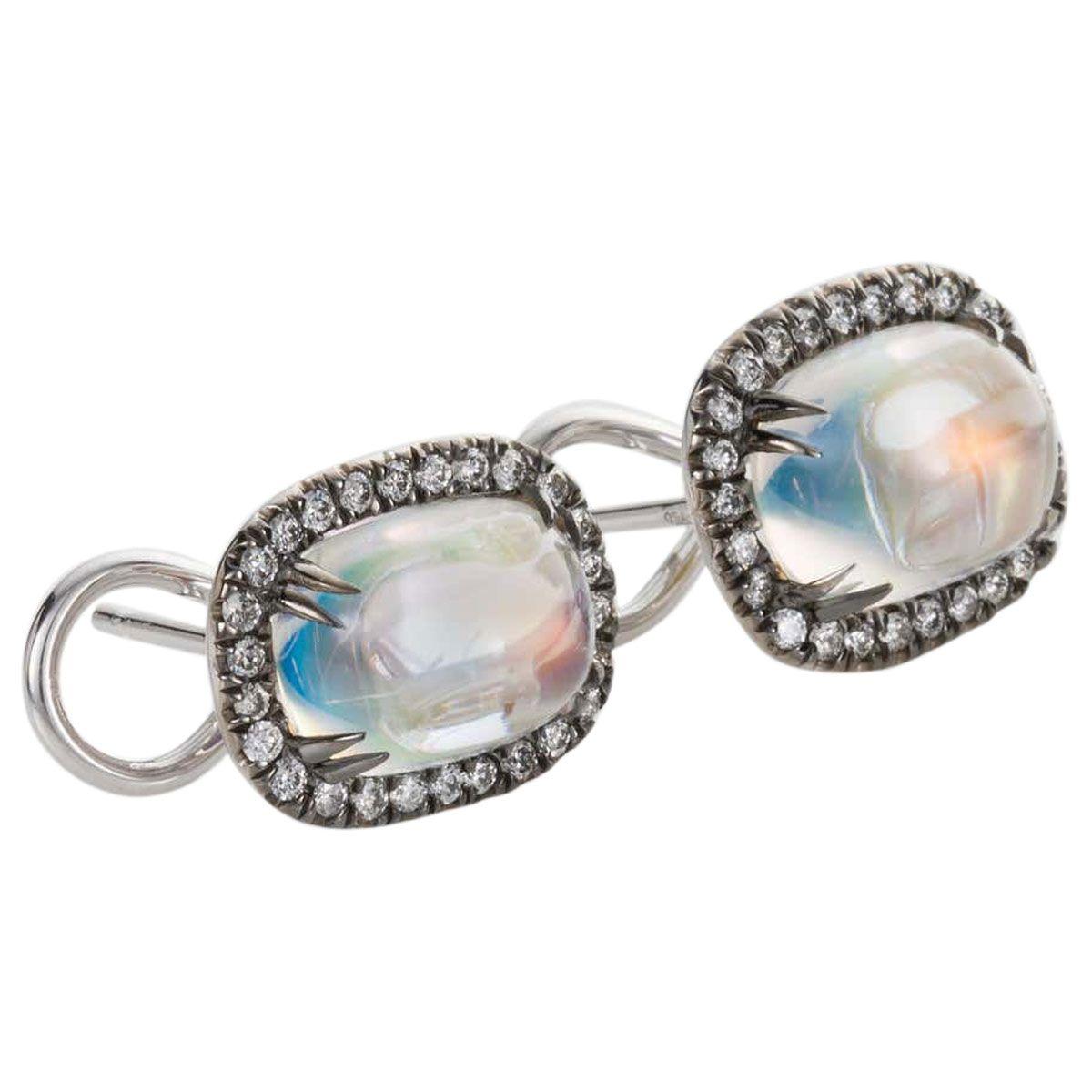 9.56 Carat Rainbow Moonstone & Diamond 18 Karat White Gold Earrings In Excellent Condition In QLD , AU